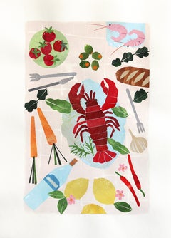 The Lobster Party 2 - Seafood Still Life Collage Mixed Media Artwork on Paper