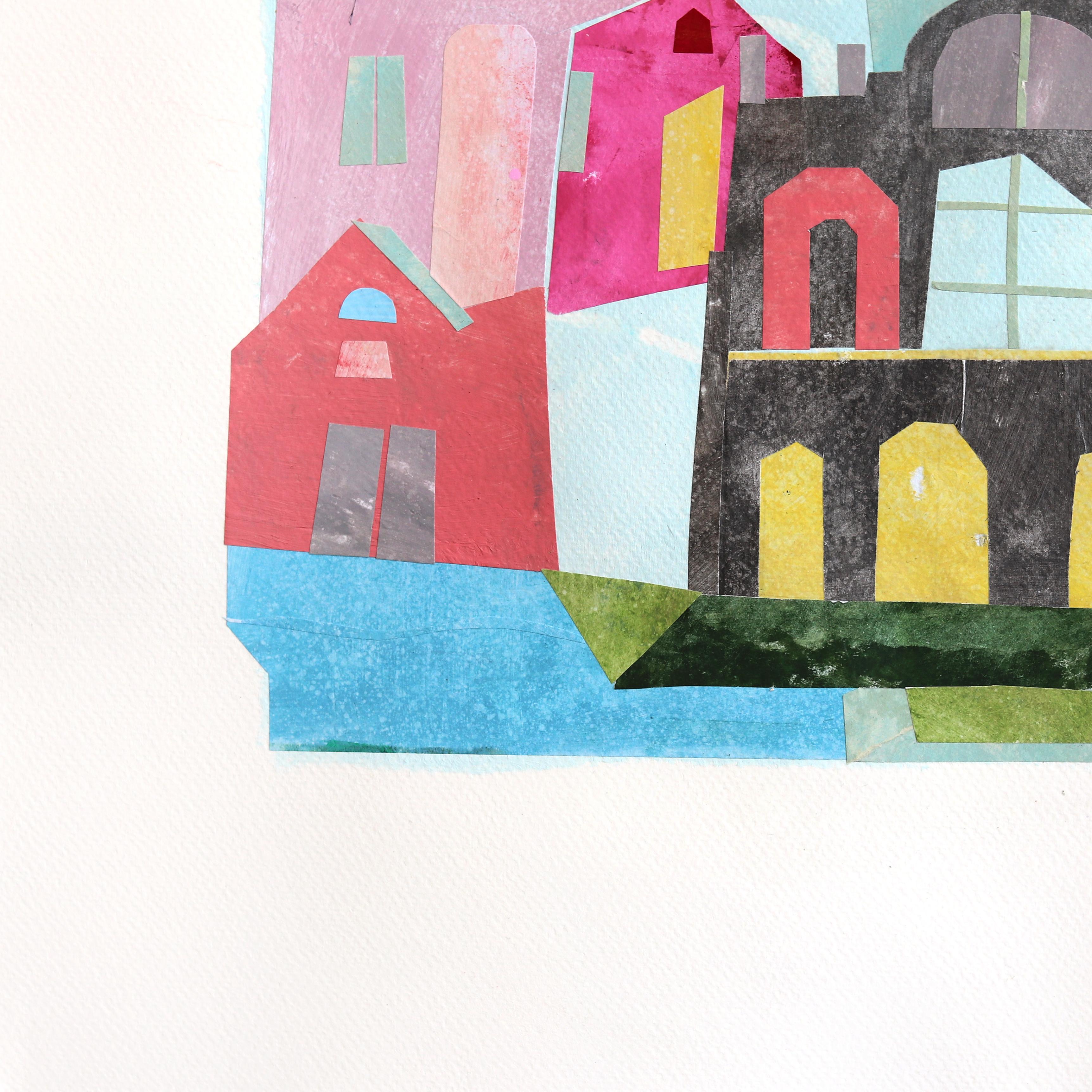 The Old Townes - Original Vibrant Abstract Neighborhood Landscape Collage Artwork en vente 1