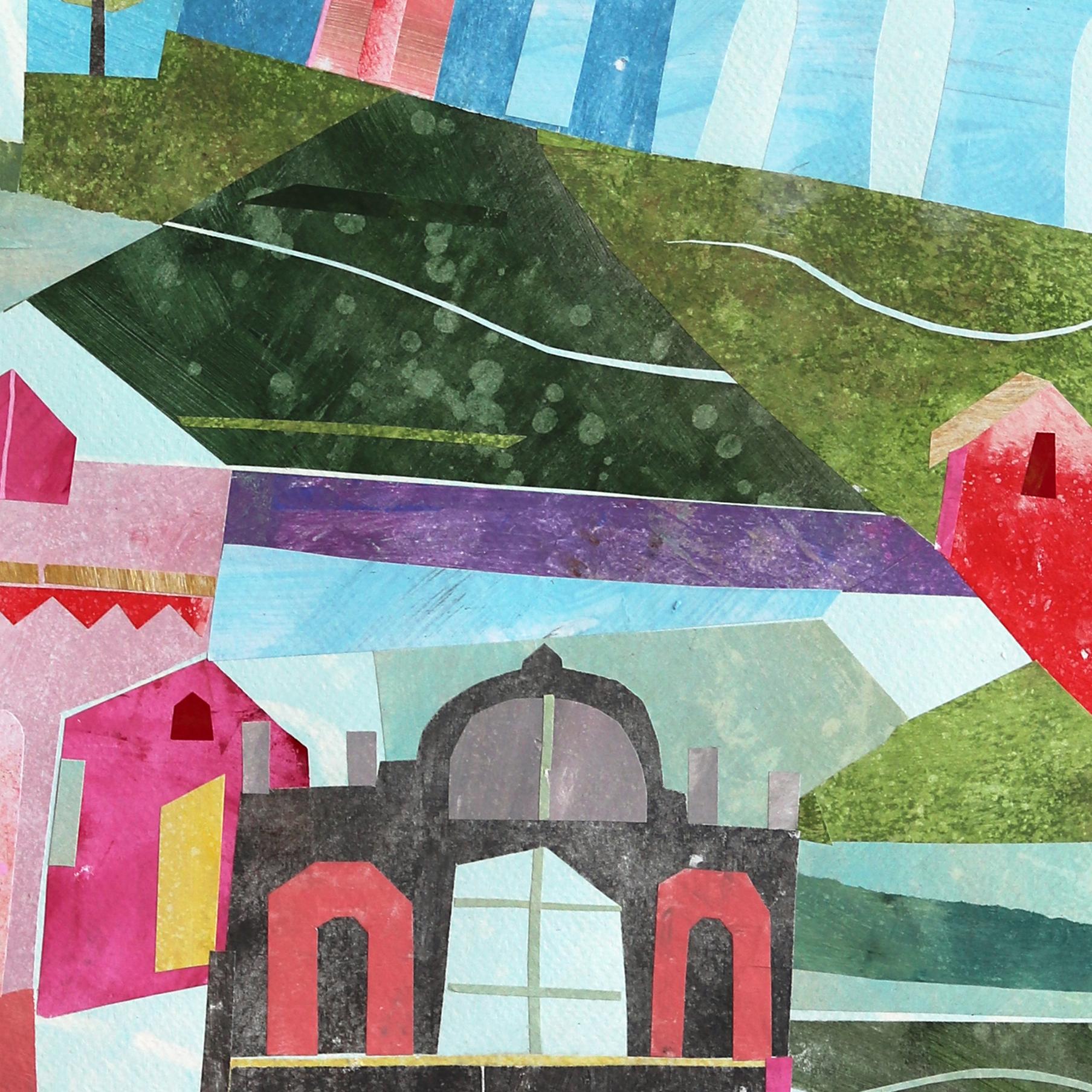 The Old Townes - Original Vibrant Abstract Neighborhood Landscape Collage Artwork en vente 2