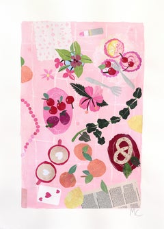The Pink Party - Cute Feminine Still Life Collage Mixed Media Artwork on Paper