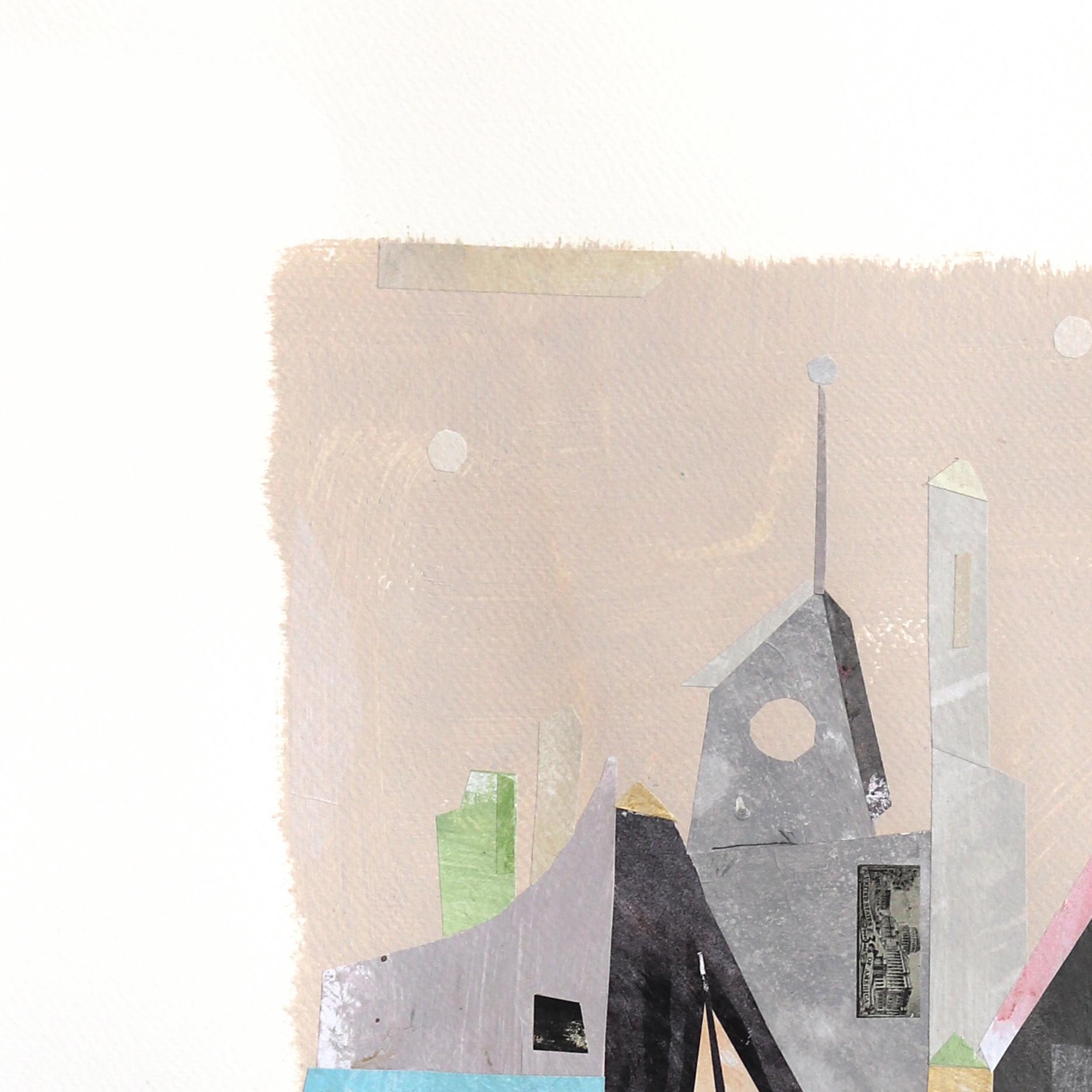 The Riverside - Original Abstract Colorful Urban Still Life Collage Art on Paper - Surrealist Mixed Media Art by Maria C. Bernhardsson