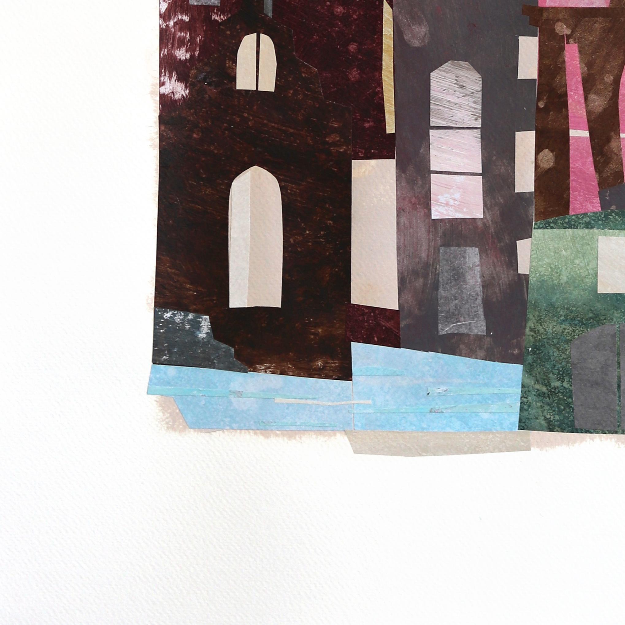 The Riverside - Original Abstract Colorful Urban Still Life Collage Art on Paper For Sale 1