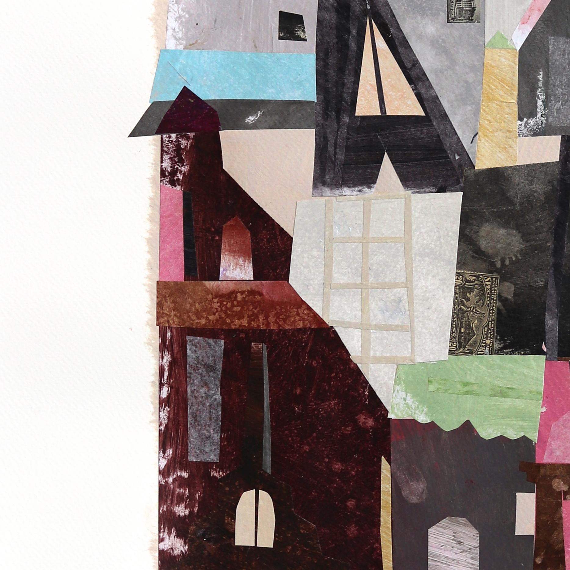 The Riverside - Original Abstract Colorful Urban Still Life Collage Art on Paper For Sale 2