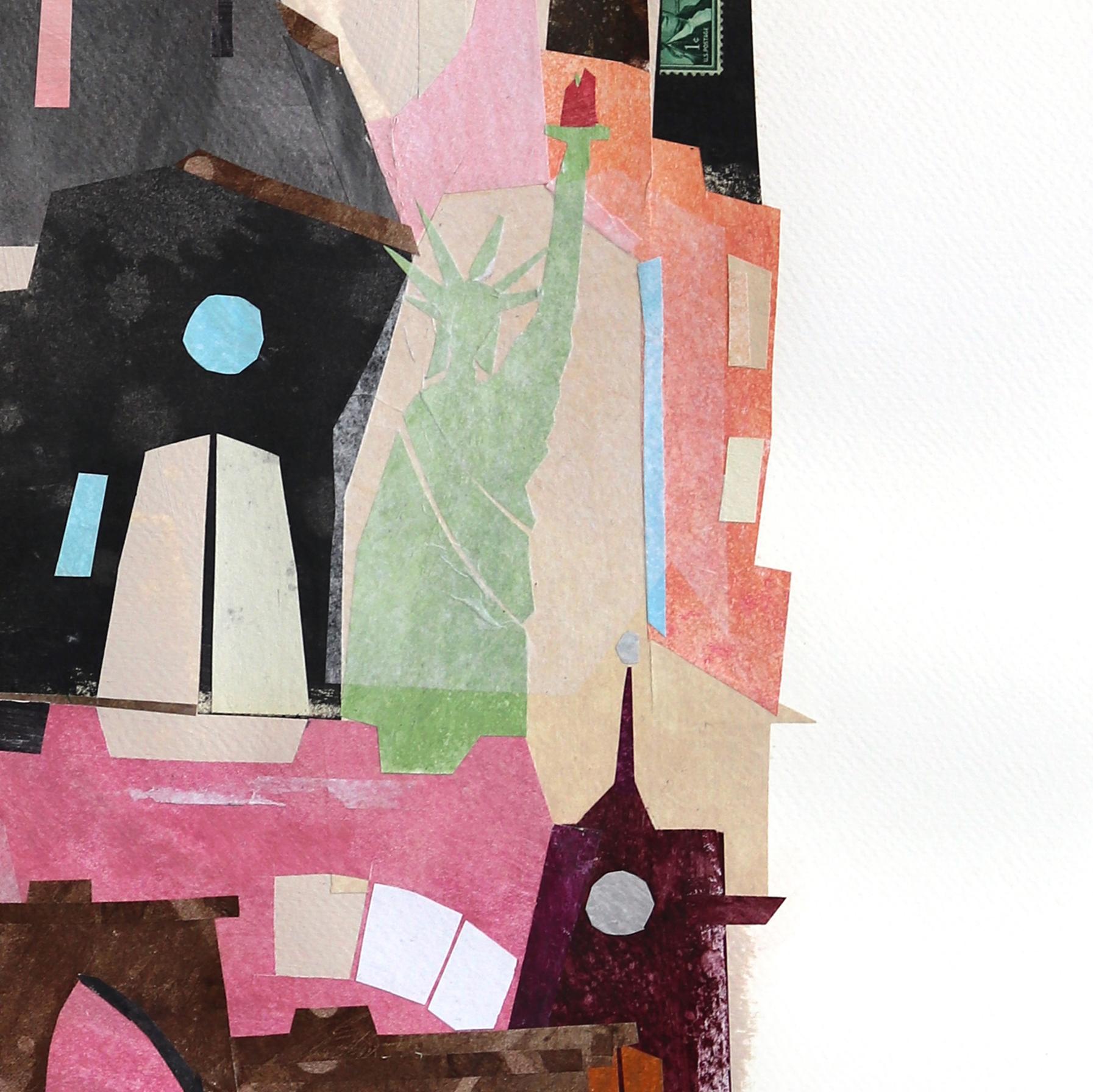The Riverside - Original Abstract Colorful Urban Still Life Collage Art on Paper For Sale 3