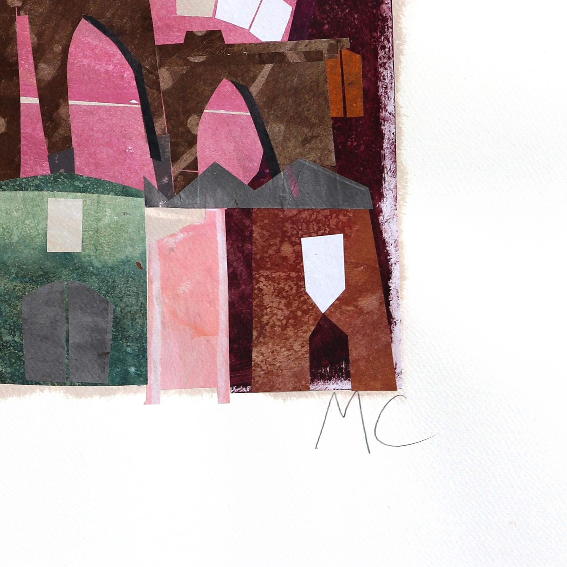 The Riverside - Original Abstract Colorful Urban Still Life Collage Art on Paper For Sale 4