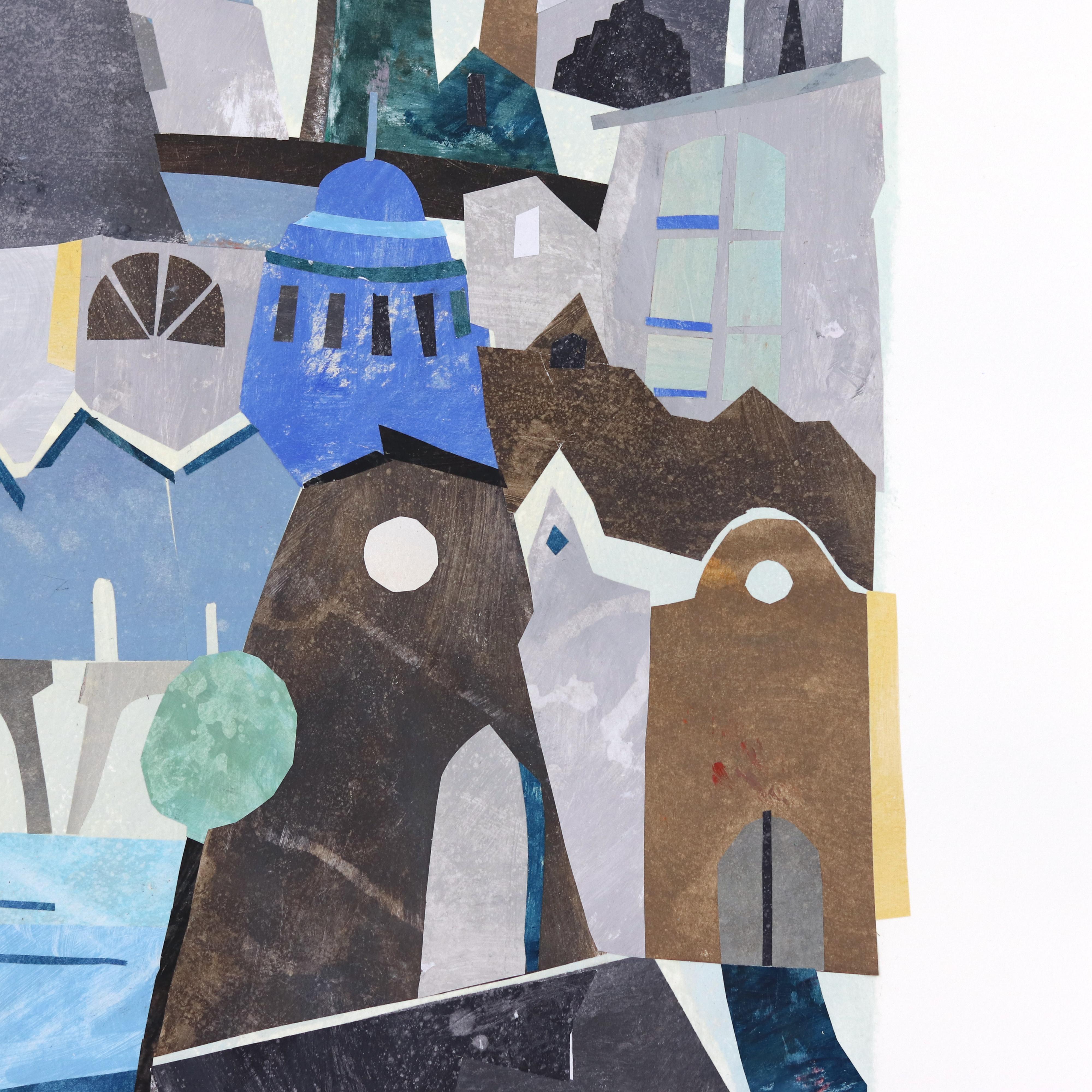 The Tree - Original Cool Tone Abstract Urban Still Life Collage Artwork on Paper - Gray Landscape Art by Maria C. Bernhardsson