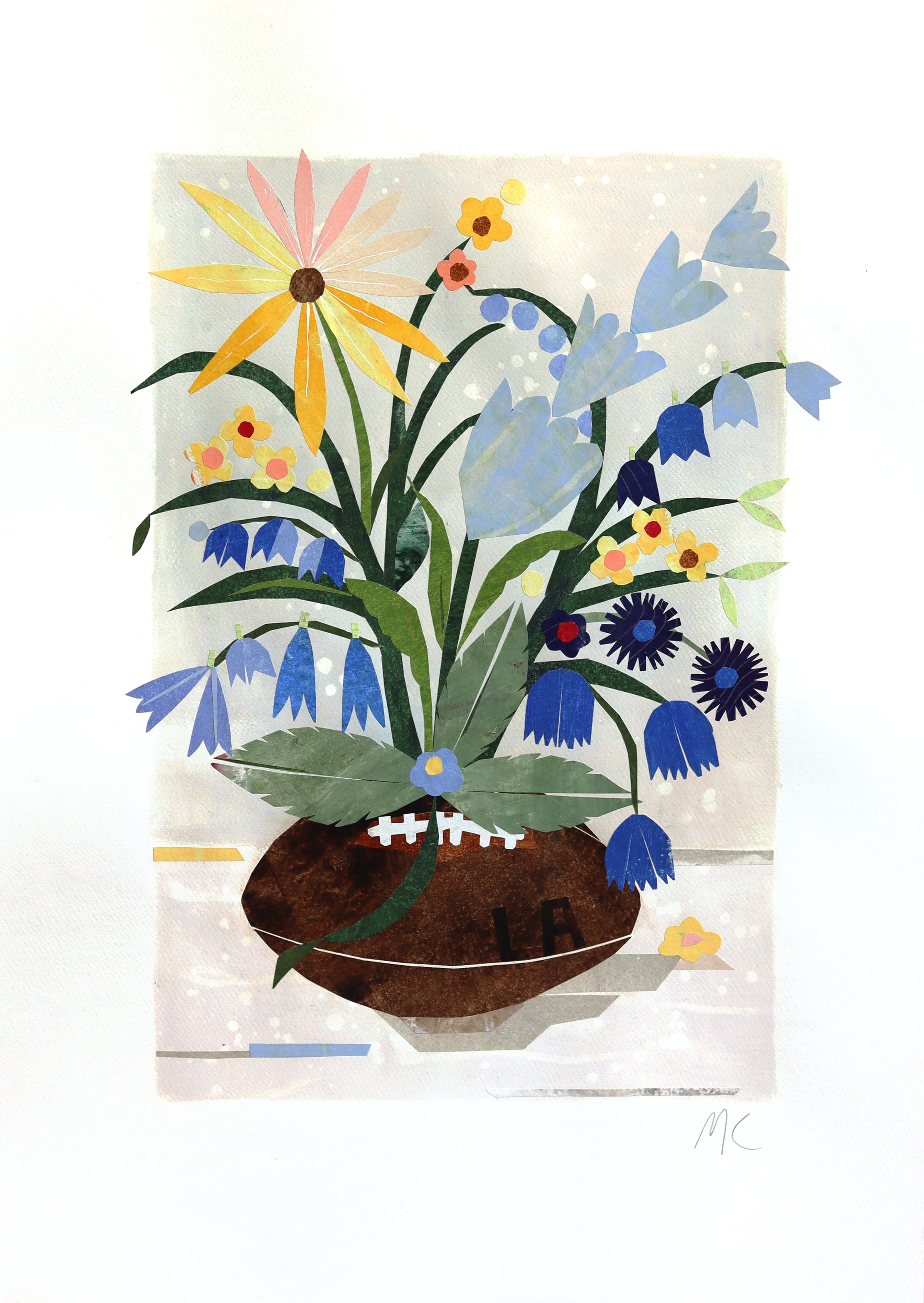 Maria C. Bernhardsson Still-Life Painting - Touchdown Blooms, LA Rams - Quirky Still Life Collage Mixed Media Art on Paper