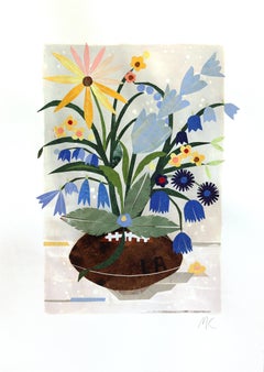Touchdown Blooms, LA Rams - Quirky Still Life Collage Mixed Media Art on Paper