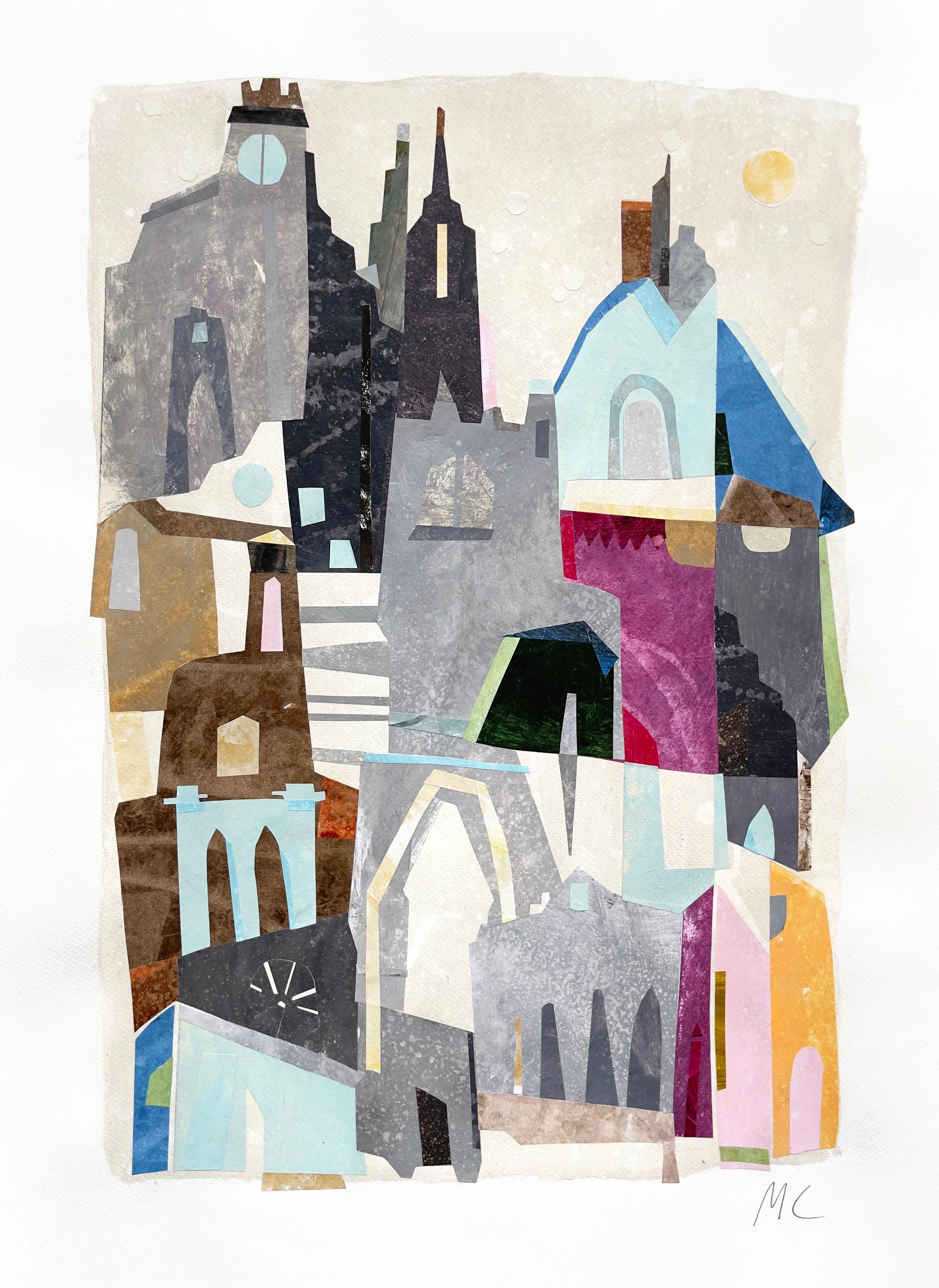 Townhouses - Architectural Colorful Still Life Mixed Media Collage on Paper