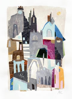 Maisons de ville - Nature morte architecturale colorée Collage mixte sur papier