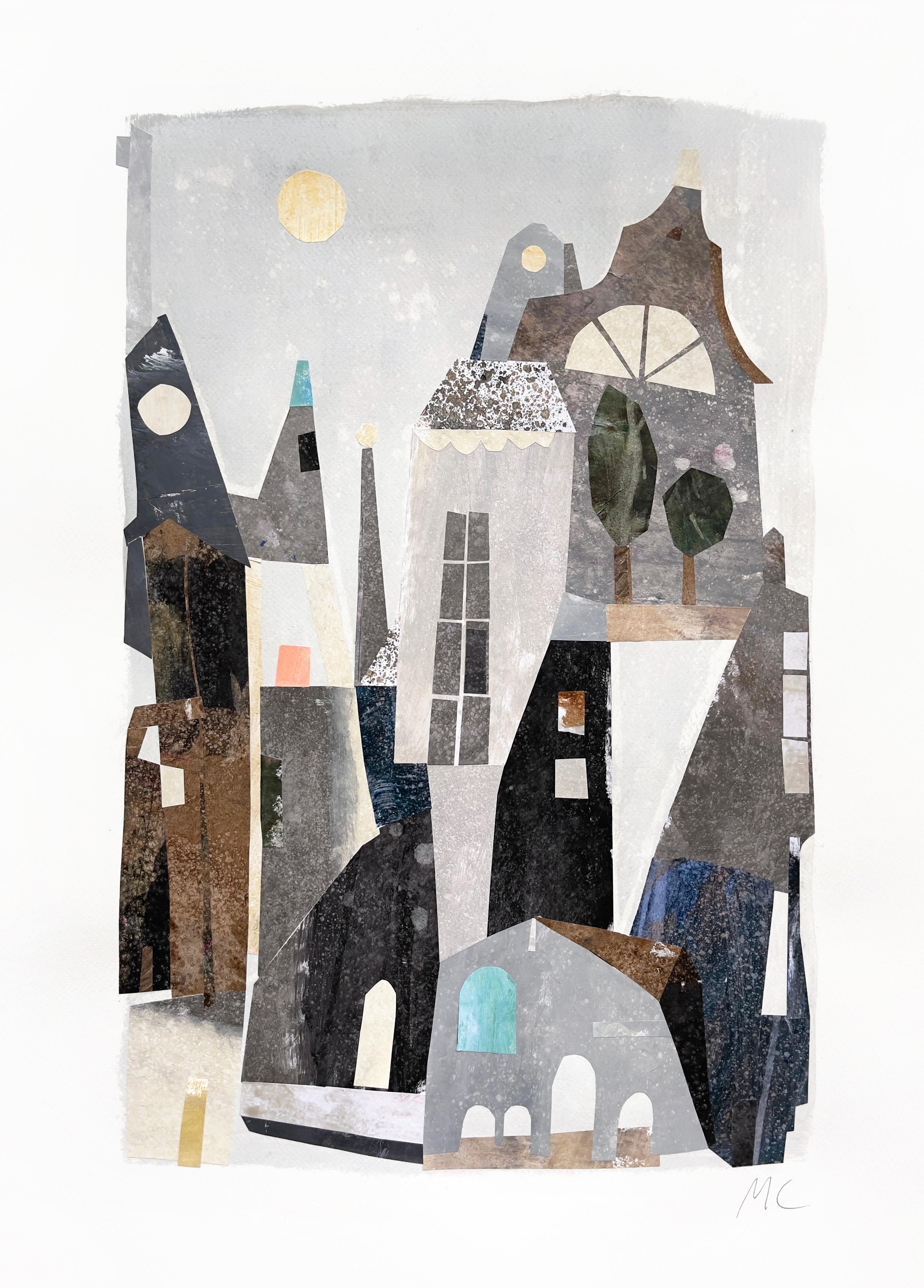 Trees on the Roof Top - Architectural Gray Tone Still Life Mixed Media Collage - Mixed Media Art by Maria C. Bernhardsson