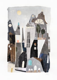 Bäume auf dem Dach – Architektonisches Stillleben in Grautönen, Mischtechnik-Collage
