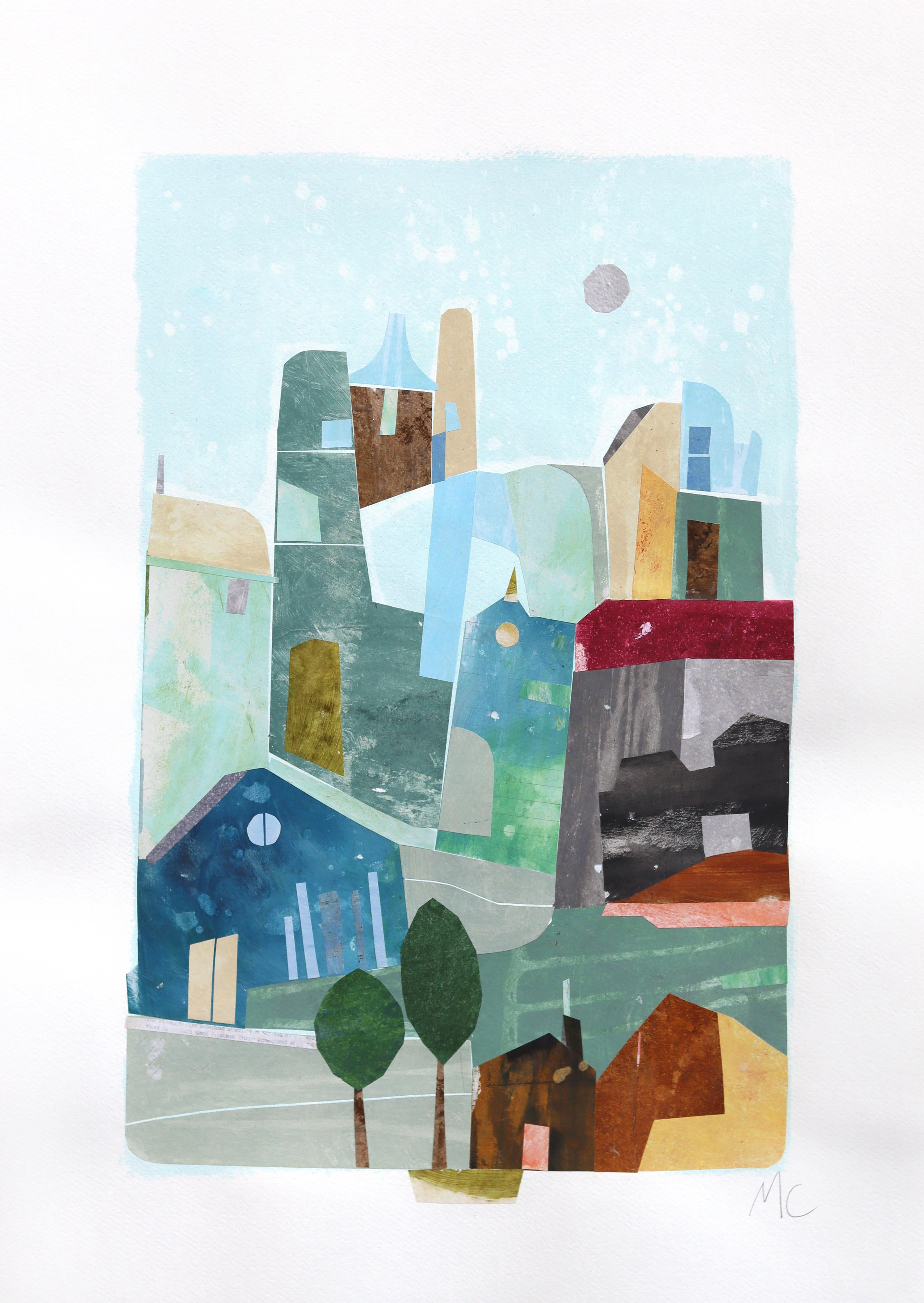 Twin Trees at Sunrise - Architectural Colorful Still Life Mixed Media Collage
