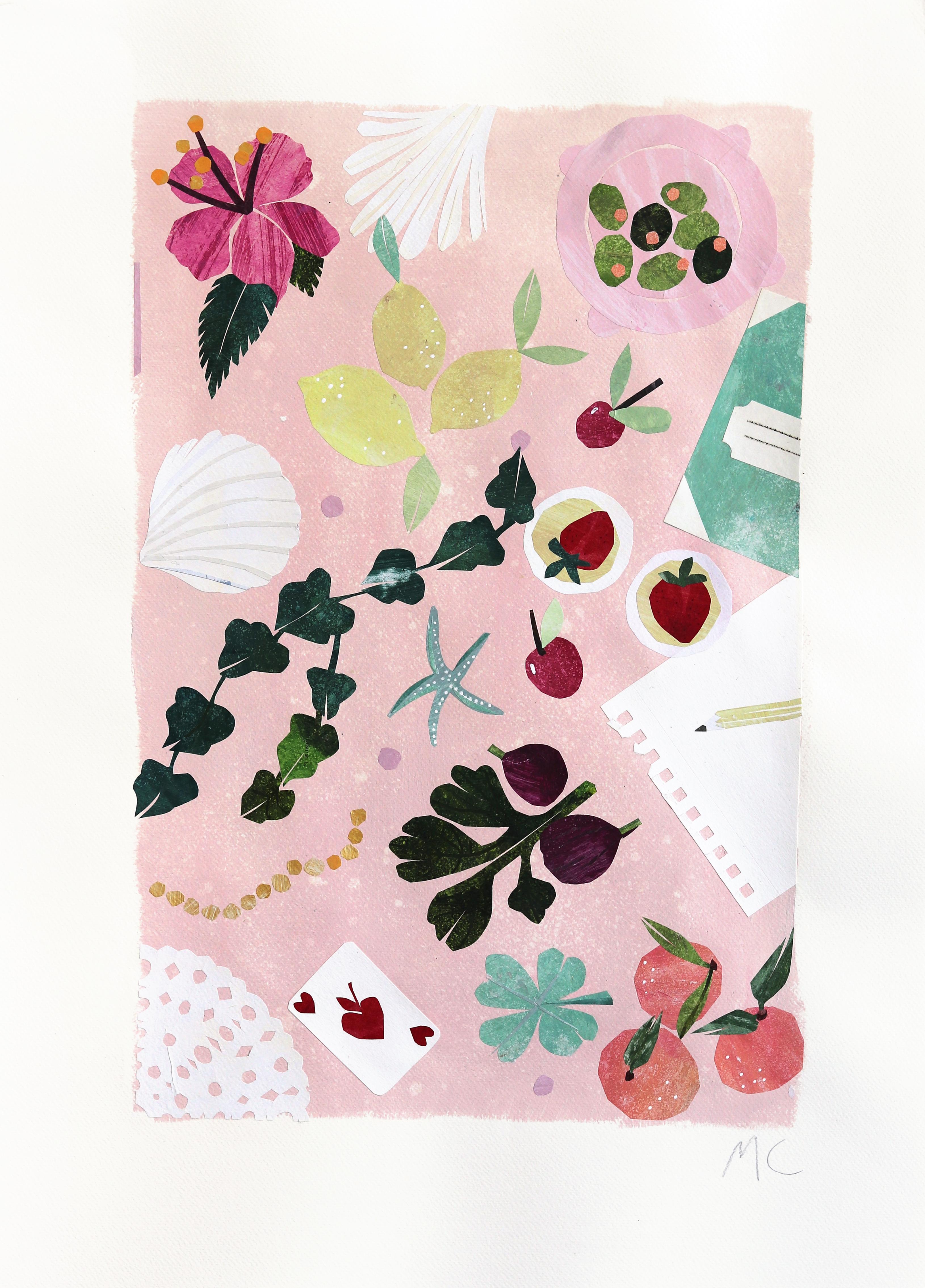 Maria C. Bernhardsson Still-Life - Under The Umbrella - Original Abstract Colorful Still Life Collage Art on Paper