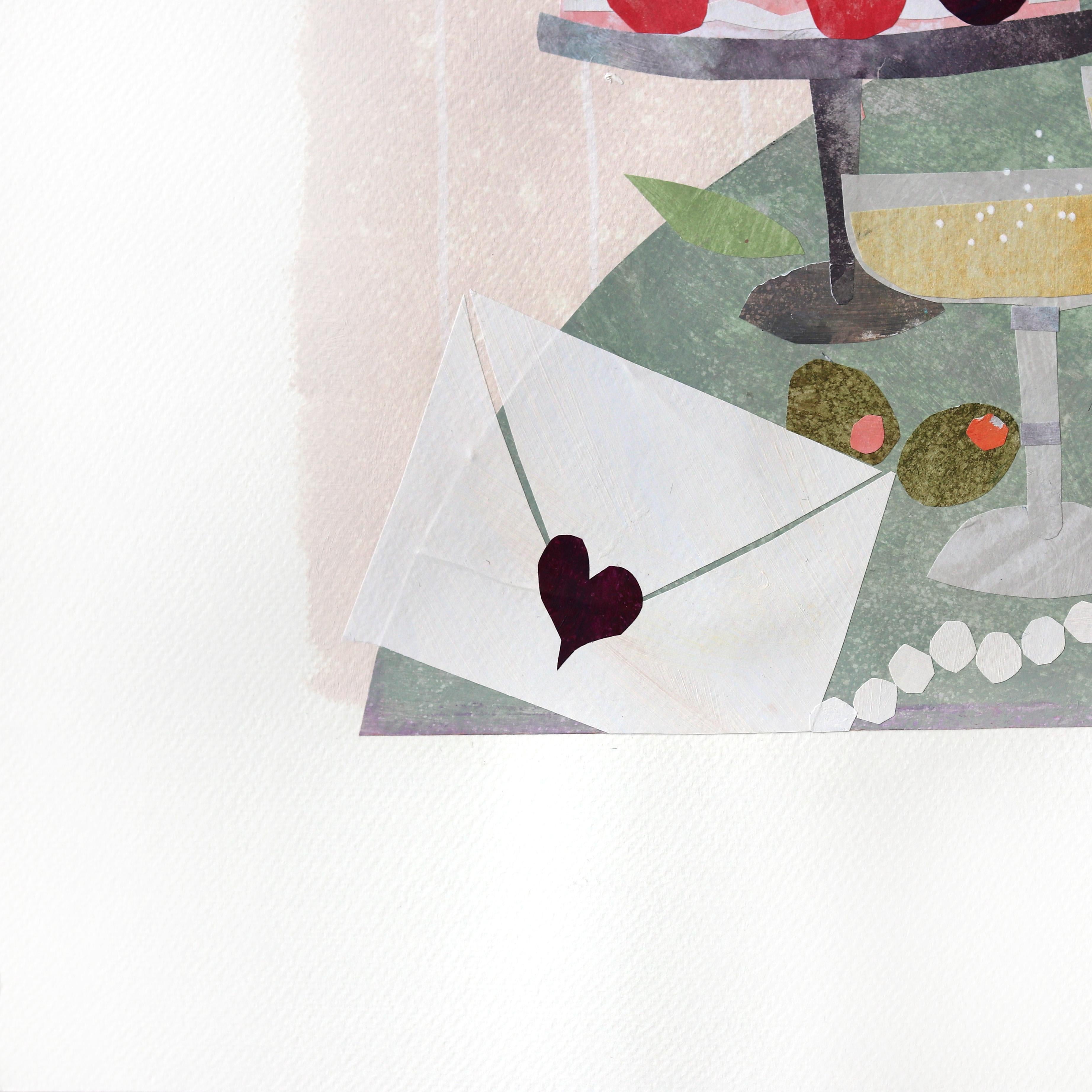 A Valentin - Collage original de nature morte romantique et ludique sur papier - Beige Still-Life par Maria C. Bernhardsson