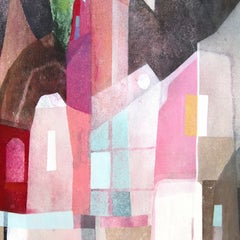 Blue Sky Village - Peinture abstraite de paysage architectural coloré sur toile