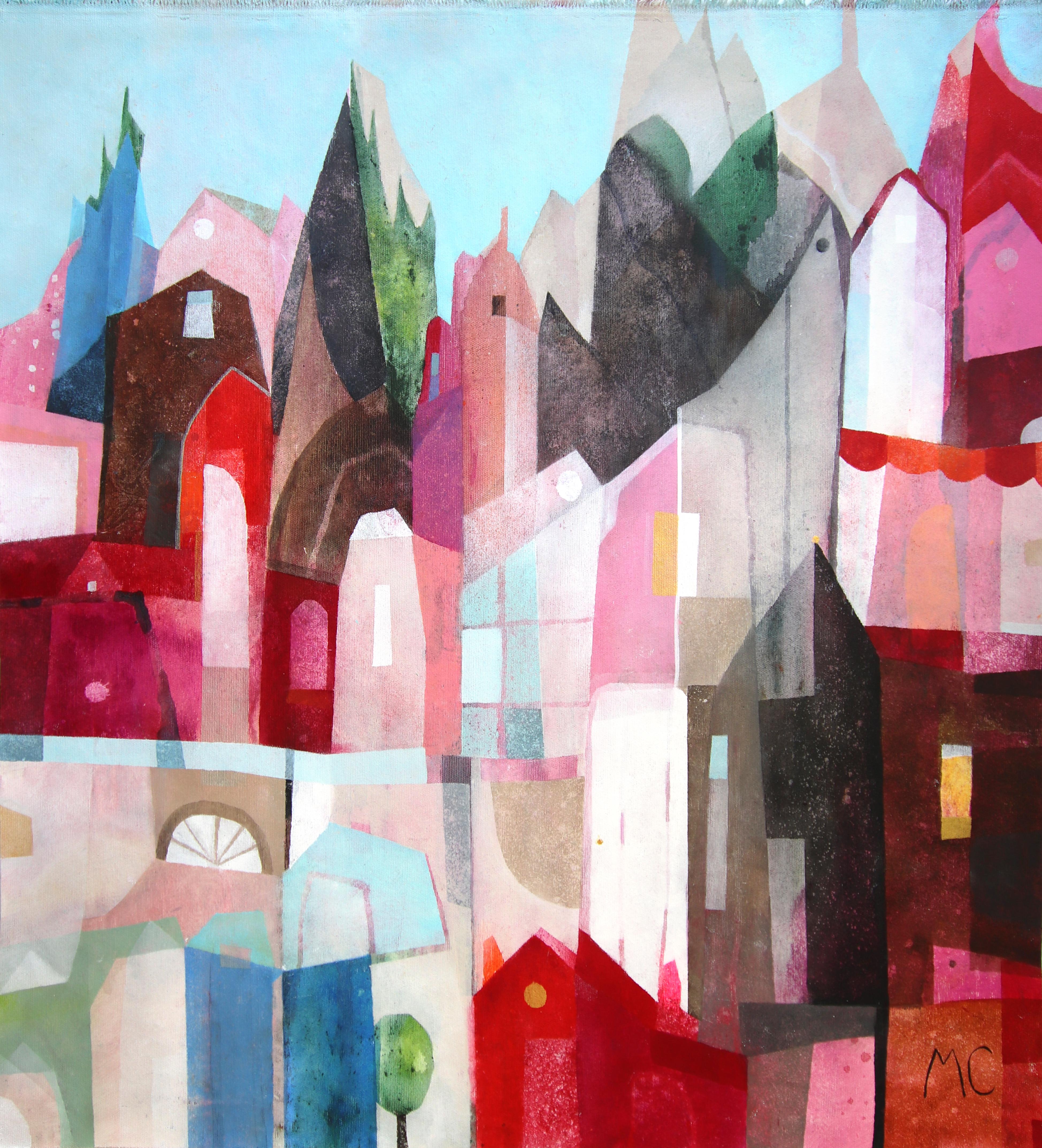 Blue Sky Village - Abstract Colorful Architectural Landscape Painting on Canvas