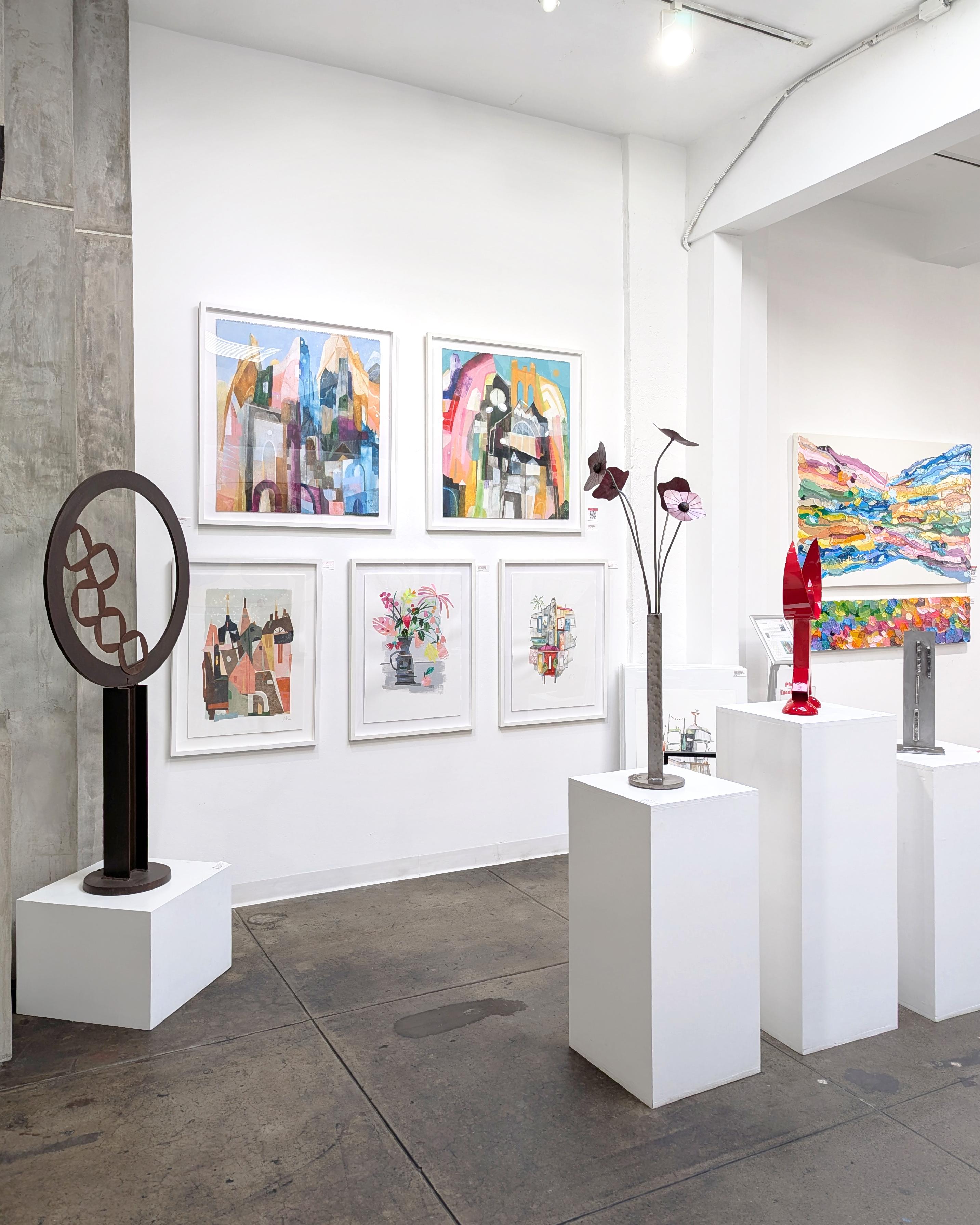 Brooklyn  -  Gerahmtes Original farbenfrohes abstraktes Stadtlandschafts-Kunstwerk auf Leinwand im Angebot 3