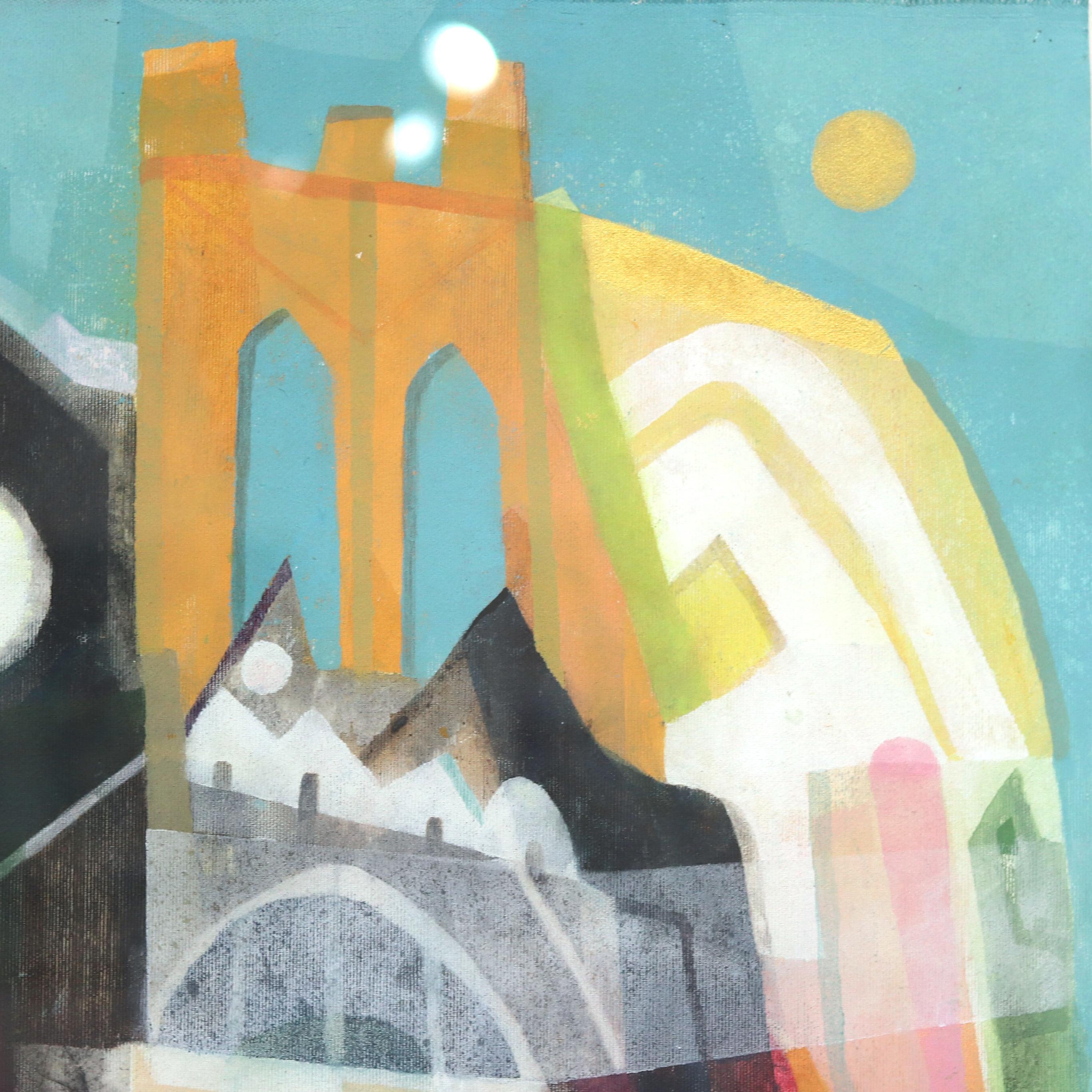 Brooklyn  -  Opera d'arte originale incorniciata su tela con paesaggio urbano astratto e colorato - Painting Astratto di Maria C. Bernhardsson