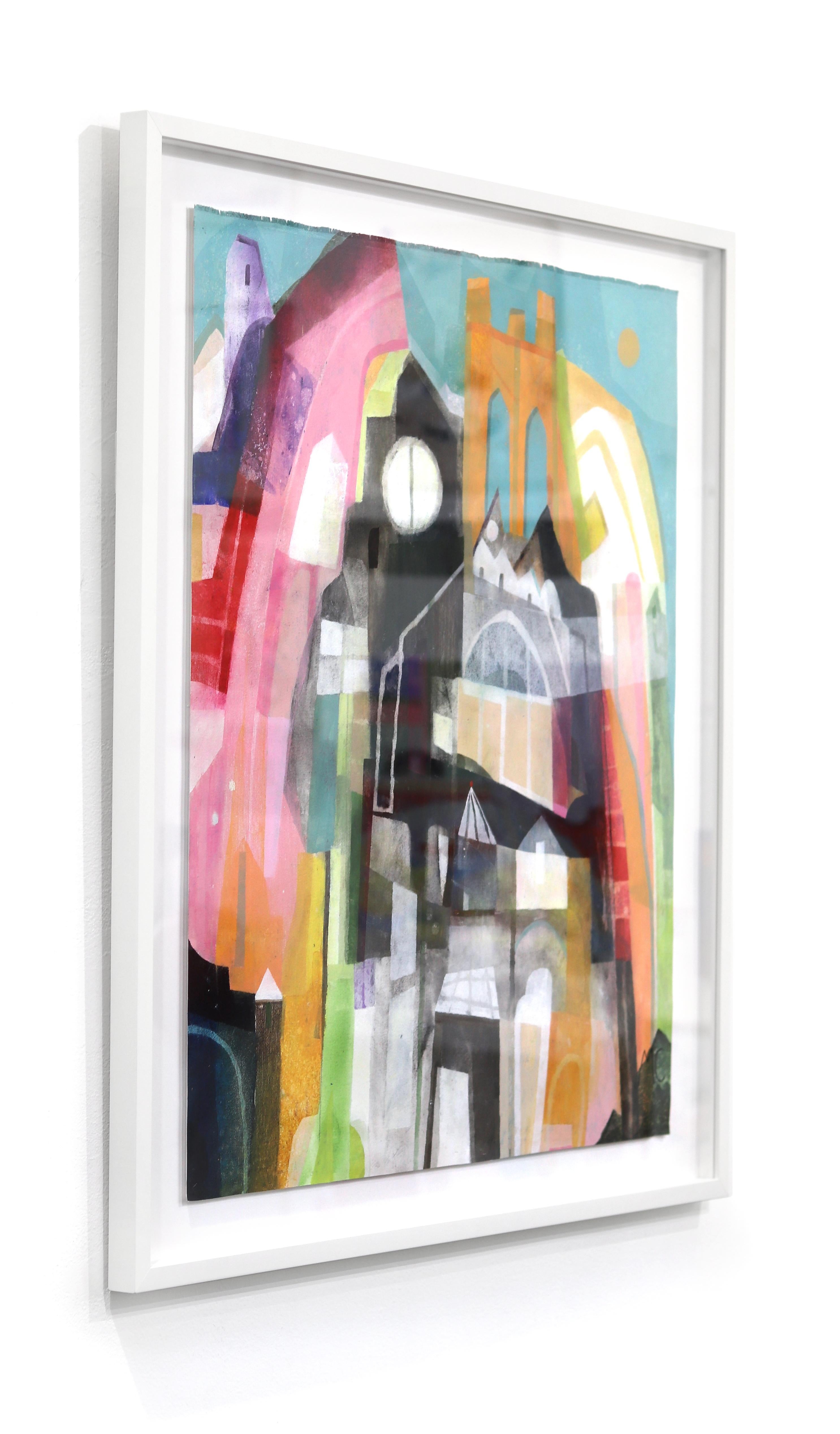 Brooklyn  -  Opera d'arte originale incorniciata su tela con paesaggio urbano astratto e colorato - Abstract Painting Grigio di Maria C. Bernhardsson