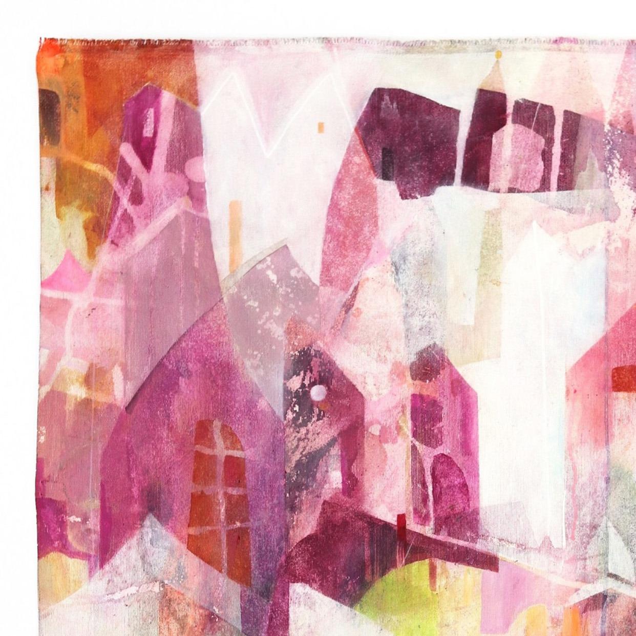 Cherish - Obra de Arte Original sobre Lienzo Paisaje Urbano Magenta Amarillo Blanco Abstracto - Painting de Maria C. Bernhardsson
