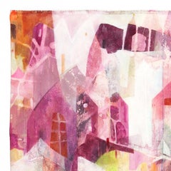 Cherish - Peinture originale abstraite de paysage urbain jaune et blanc magenta sur toile