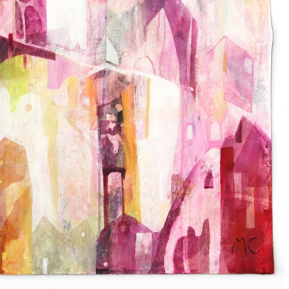 Cherish - Obra de Arte Original sobre Lienzo Paisaje Urbano Magenta Amarillo Blanco Abstracto en venta 1