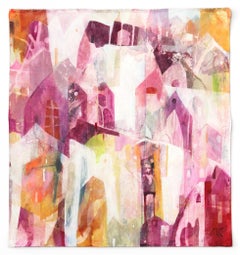 Cherish - Peinture originale abstraite de paysage urbain jaune et blanc magenta sur toile