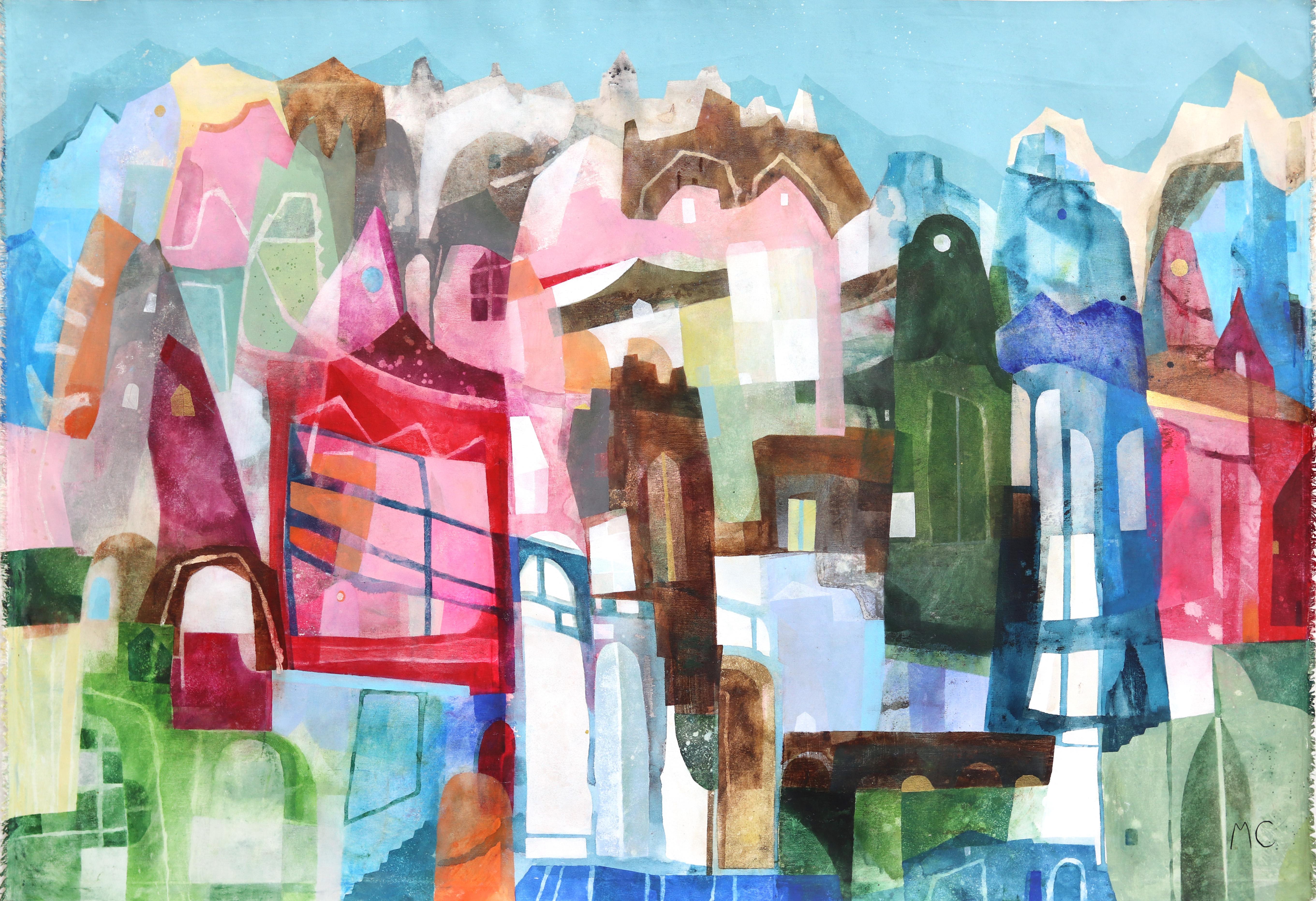 Landscape Painting de Maria C. Bernhardsson - Ciudad de los Ángeles - Colorido paisaje urbano abstracto sobre lienzo