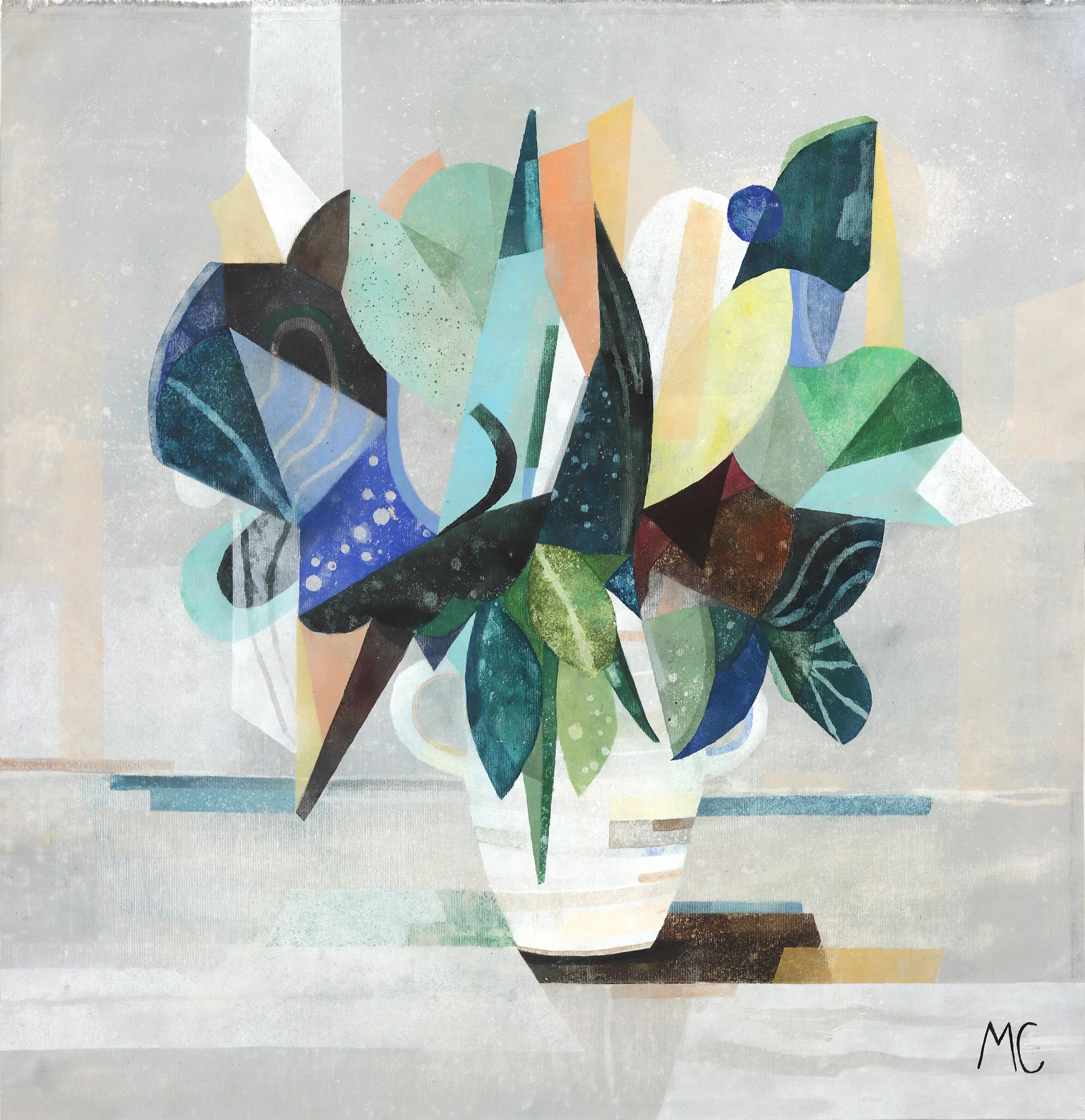 Still-Life Painting di Maria C. Bernhardsson - Fiori da giardino variegati - Natura morta floreale su tela dai toni freddi