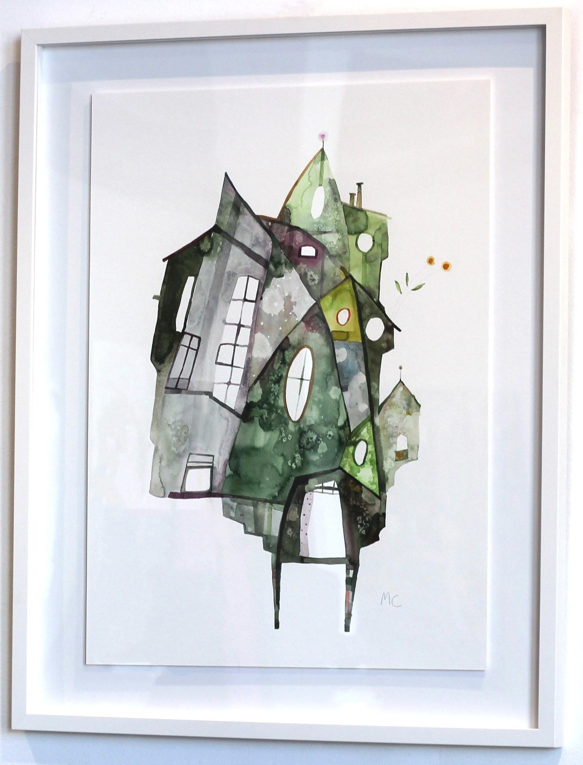 Green House, aquarelle d'origine (encadrée) - Gris Landscape Painting par Maria C. Bernhardsson