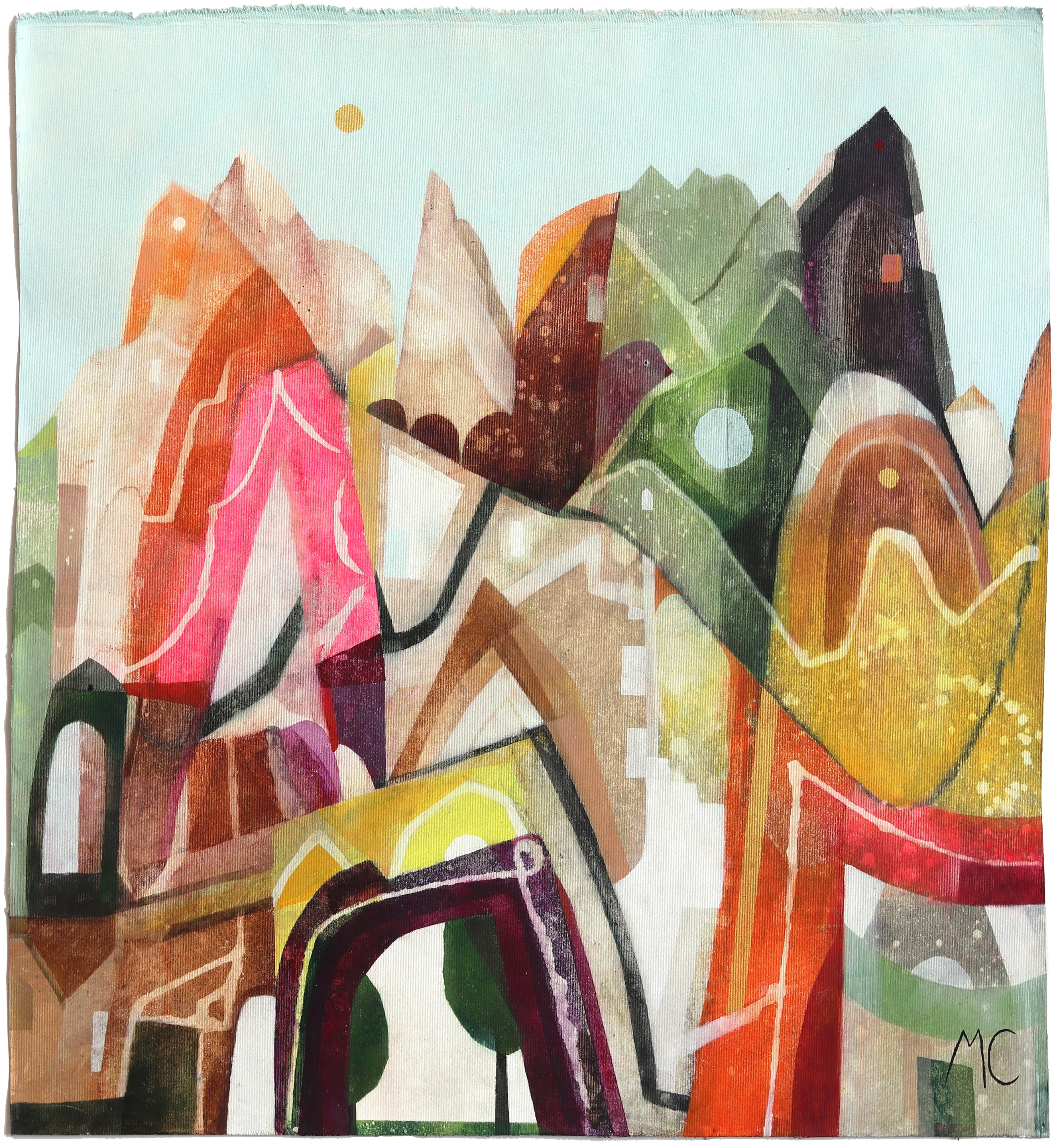 Homes Among Mountains - Abstract Architectural Still Life Painting on Canvas