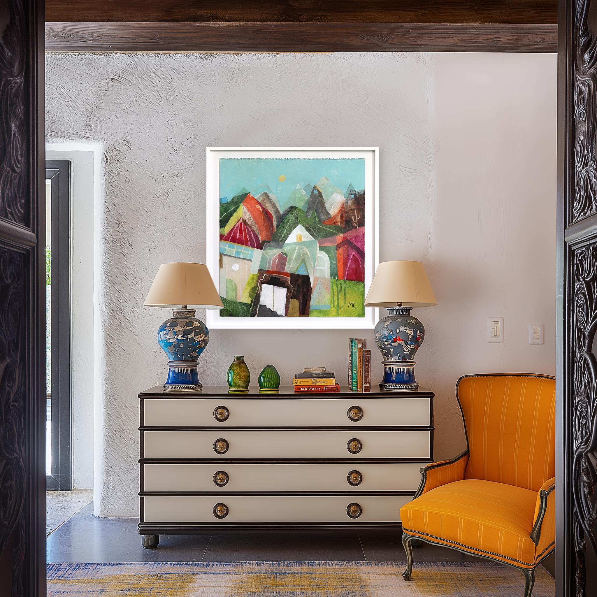 Homes in the Desert - Colorful Abstract Landscape Painting on Canvas Framed - Gray Abstract Painting by Maria C. Bernhardsson