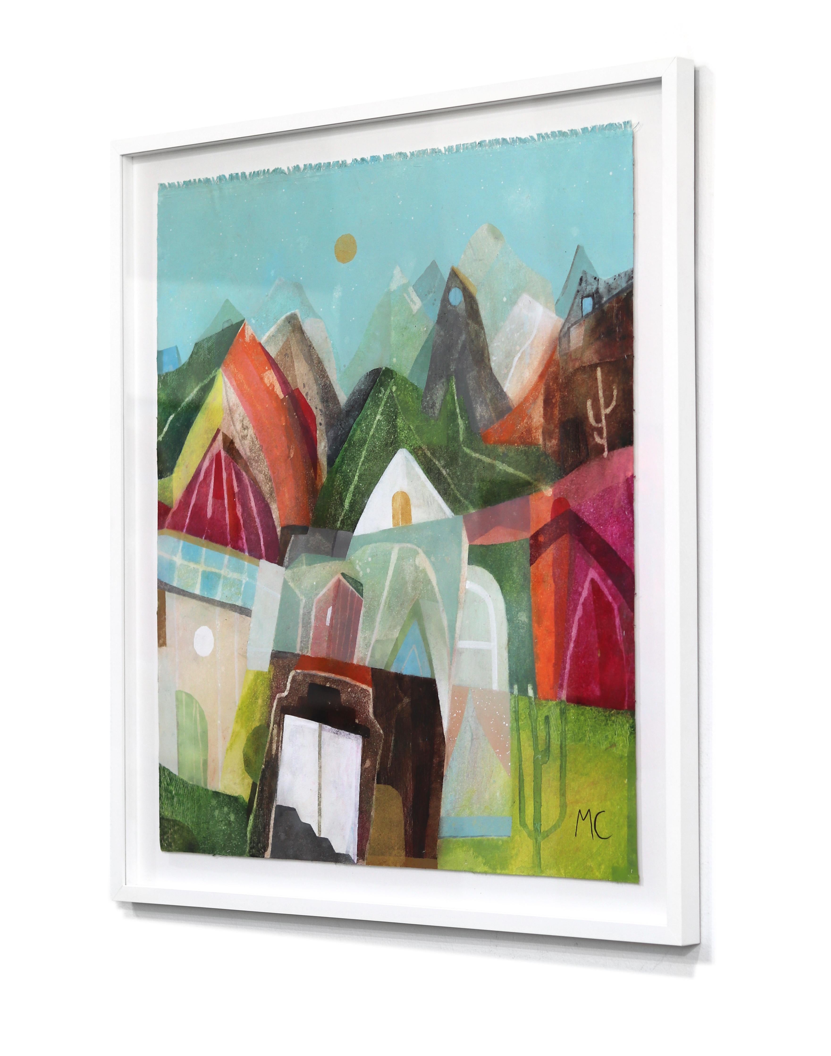 Homes in the Desert - Colorful Abstract Landscape Painting on Canvas Framed For Sale 1