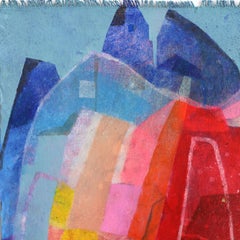 Haus und Sonnenuntergang - Abstrakte Farbe durchnässt Landschaft Collage Malerei auf Leinwand