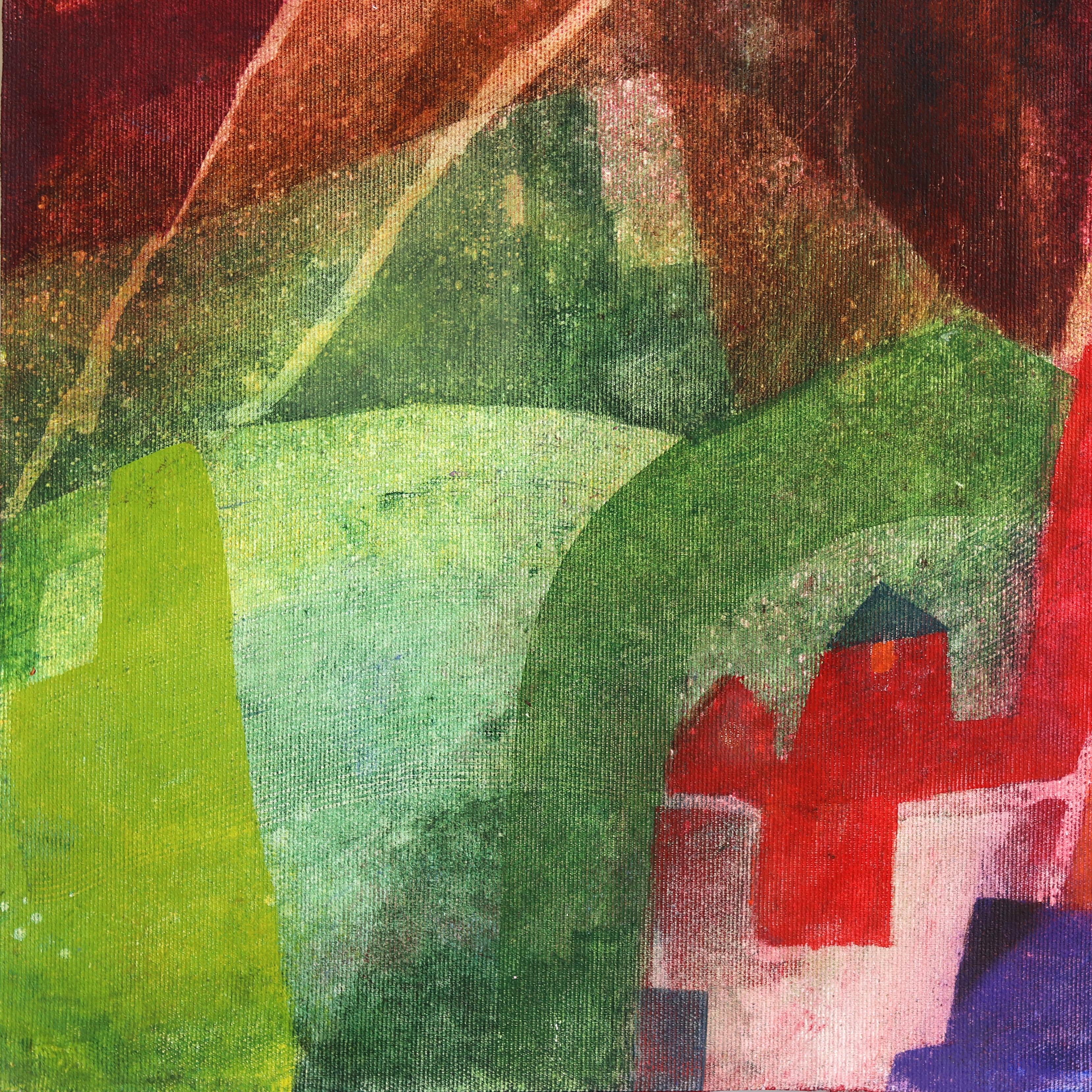 House and Sunset - Abstract Color Drenching Landscape Acrylic Painting on Canvas For Sale 1