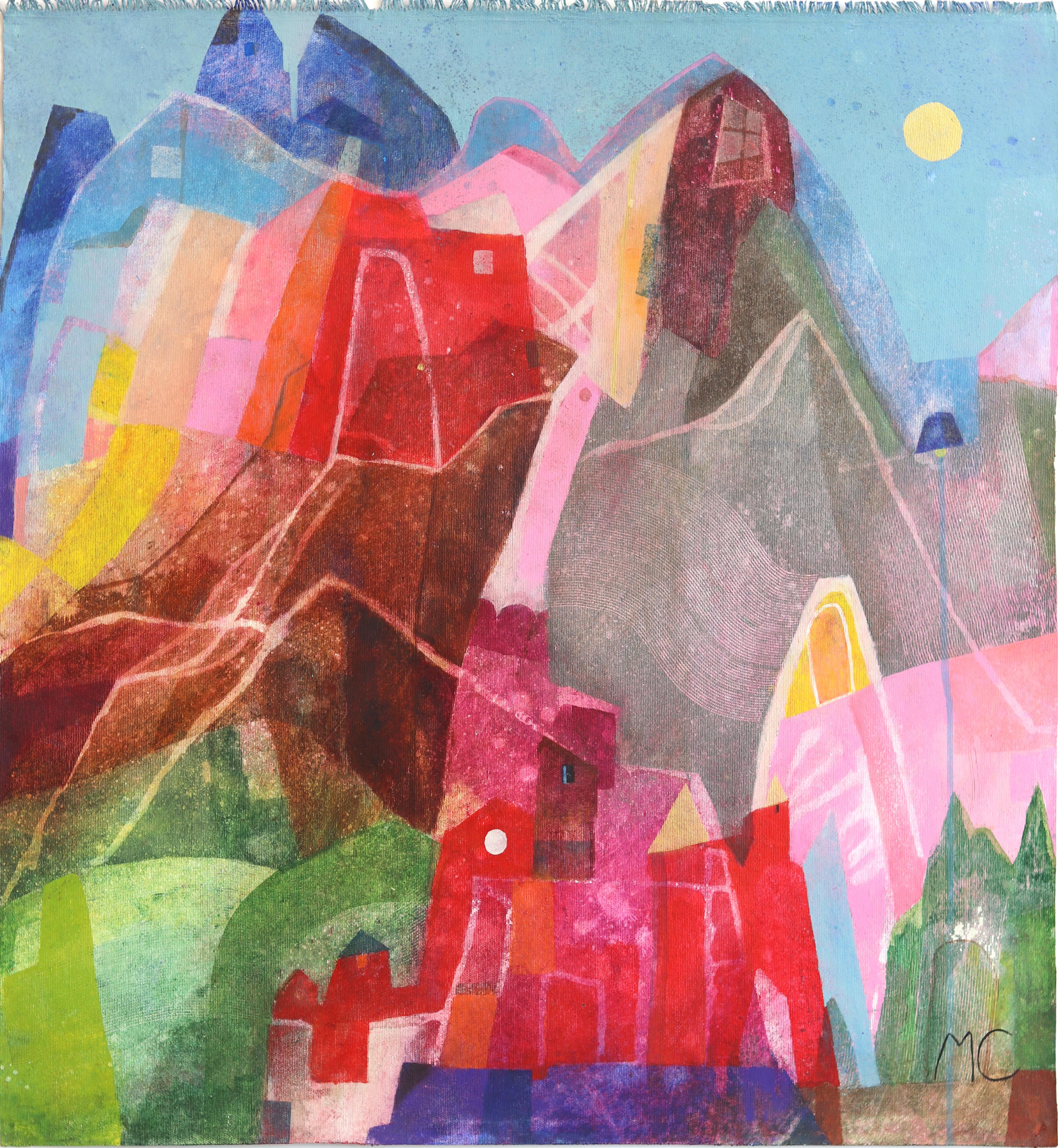 House and Sunset - Abstract Color Drenching Landscape Acrylic Painting on Canvas