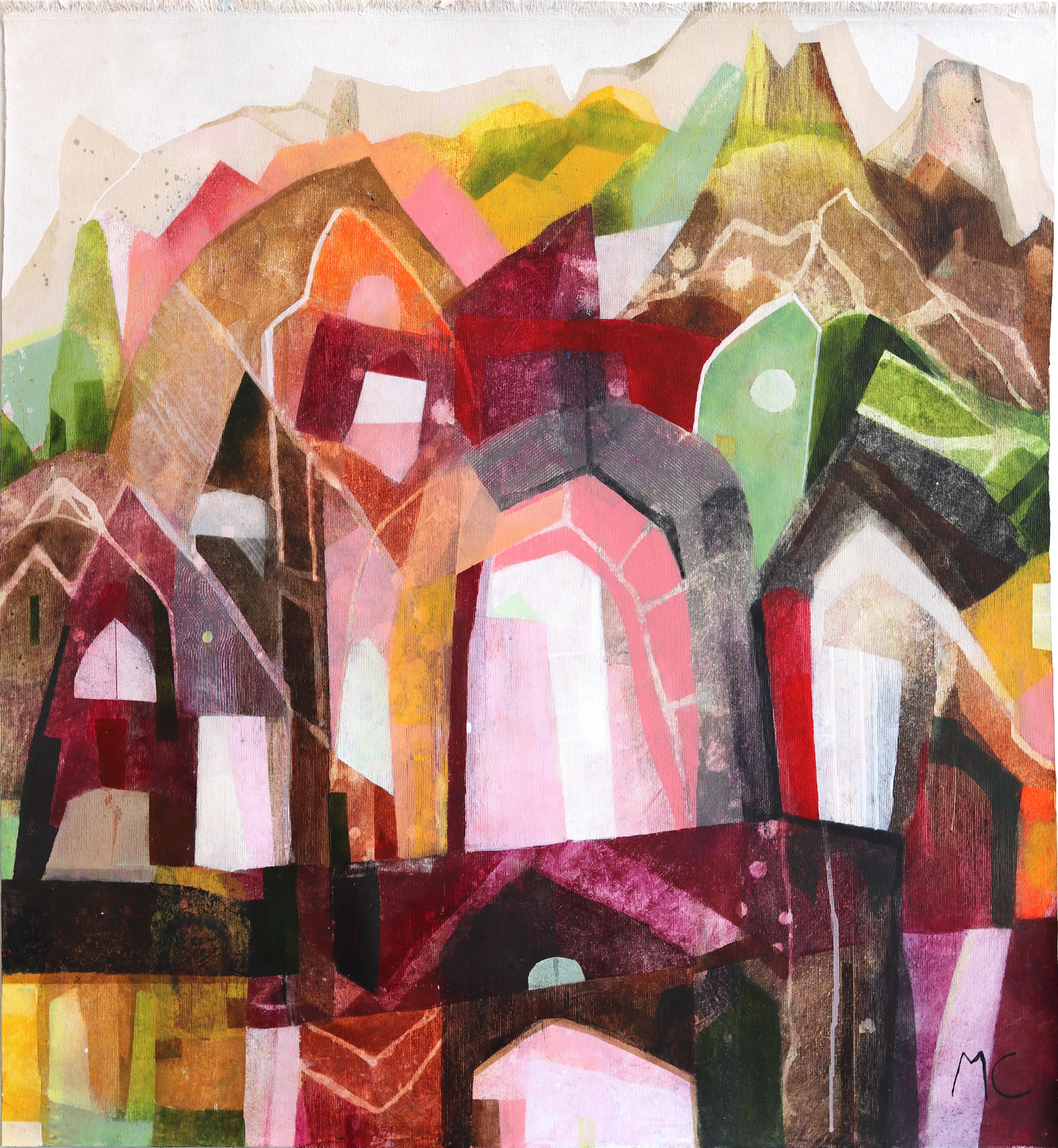 House on a Hill 2 - Peinture abstraite colorée de paysage architectural sur toile
