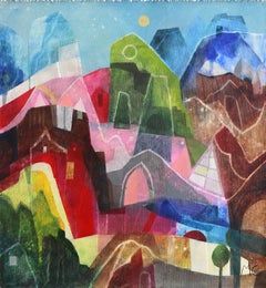 Houses and Sunrise - Abstract Color Drenched Architectural Painting on Canvas
