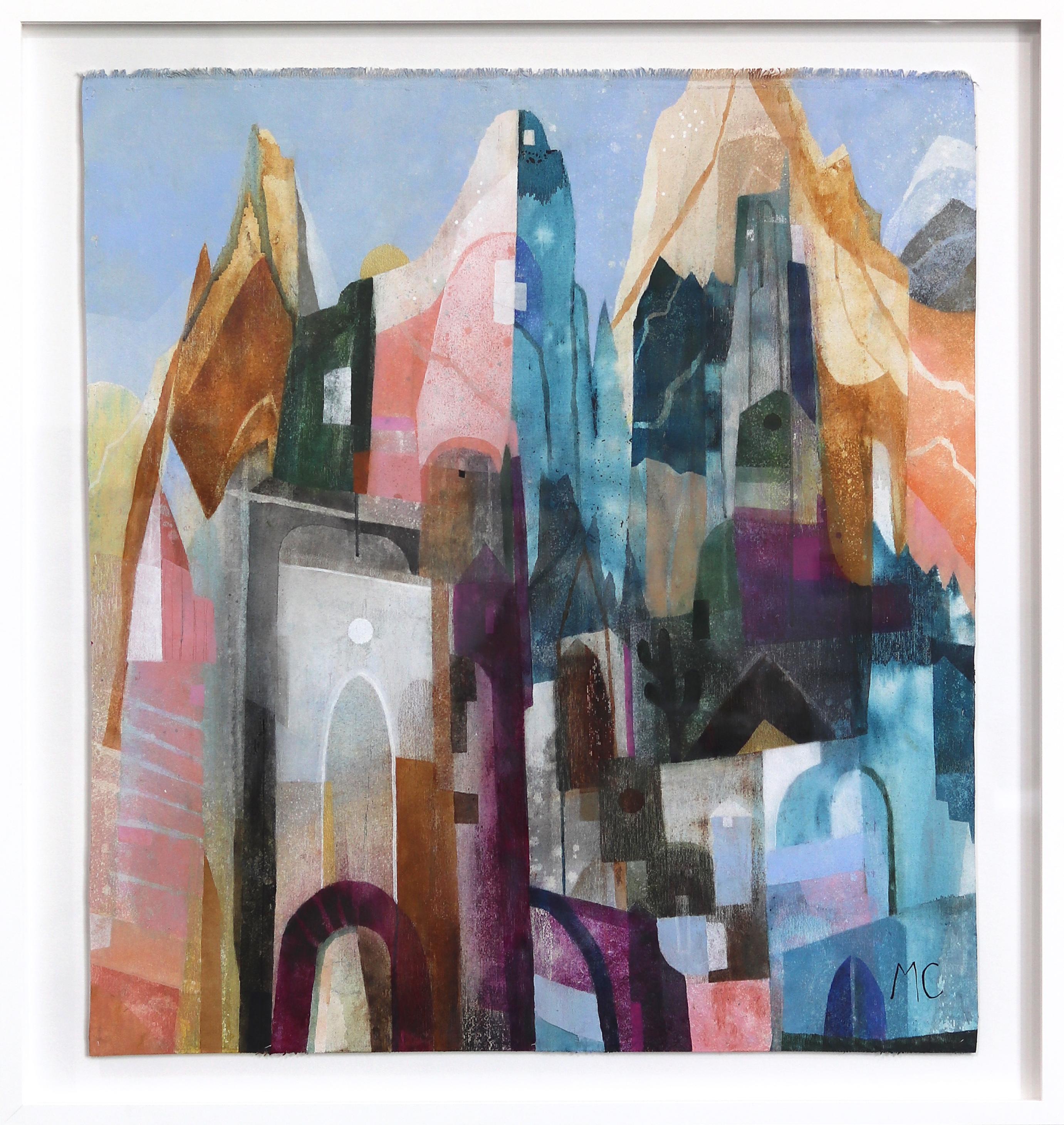 Maria C. Bernhardsson Still-Life Painting – Joshua Town - Buntes abstraktes Stadtstillleben auf Leinwand gerahmt