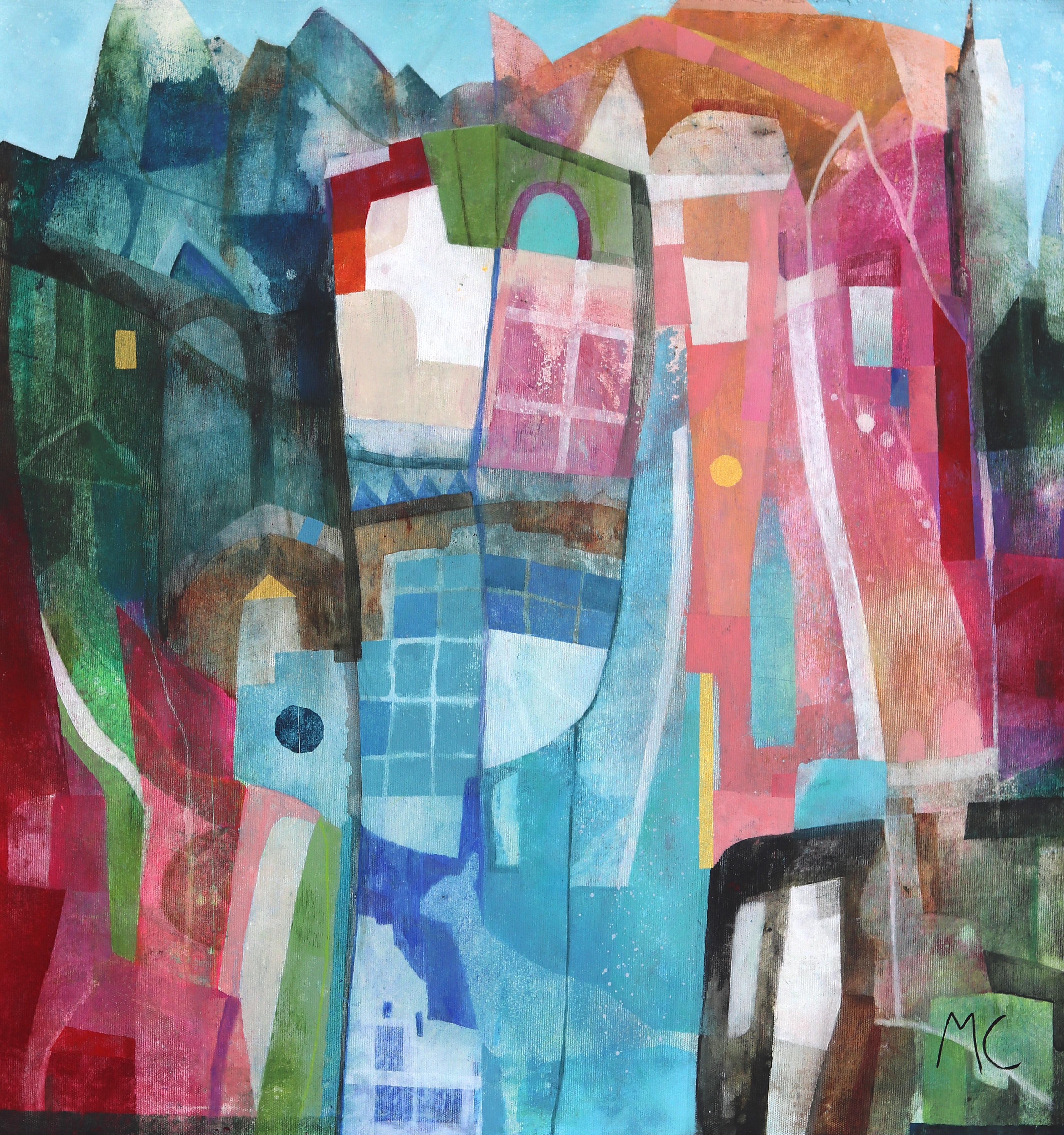 Maria C. Bernhardsson Landscape Painting – Let's Move In Together - Abstrakte Farbe getränkte Architektur Malerei auf Leinwand