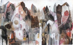 Lucky Road - Pintura abstracta a gran escala sobre lienzo de un paisaje geométrico animado