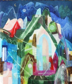 Used One Blue Night  -  Original Colorful Abstract City Landscape Artwork on Canvas