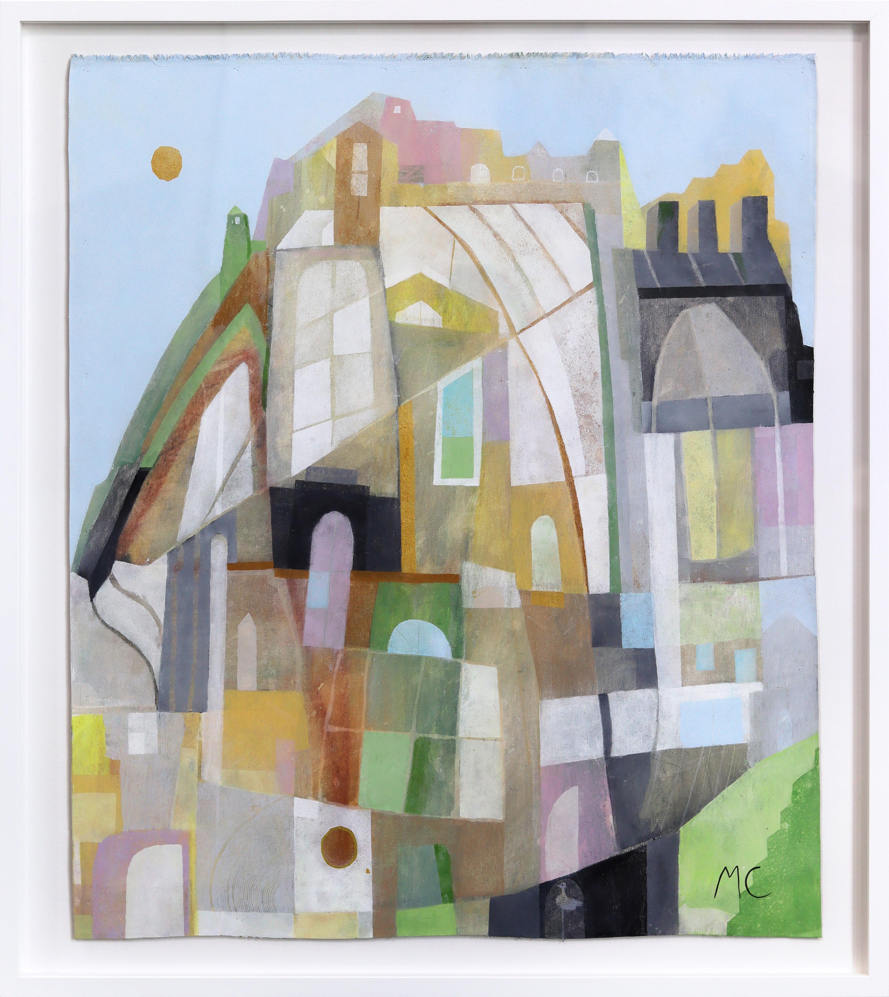 Rooftop Views - Gerahmte abstrakte bunte Pastell architektonische Malerei auf Leinwand