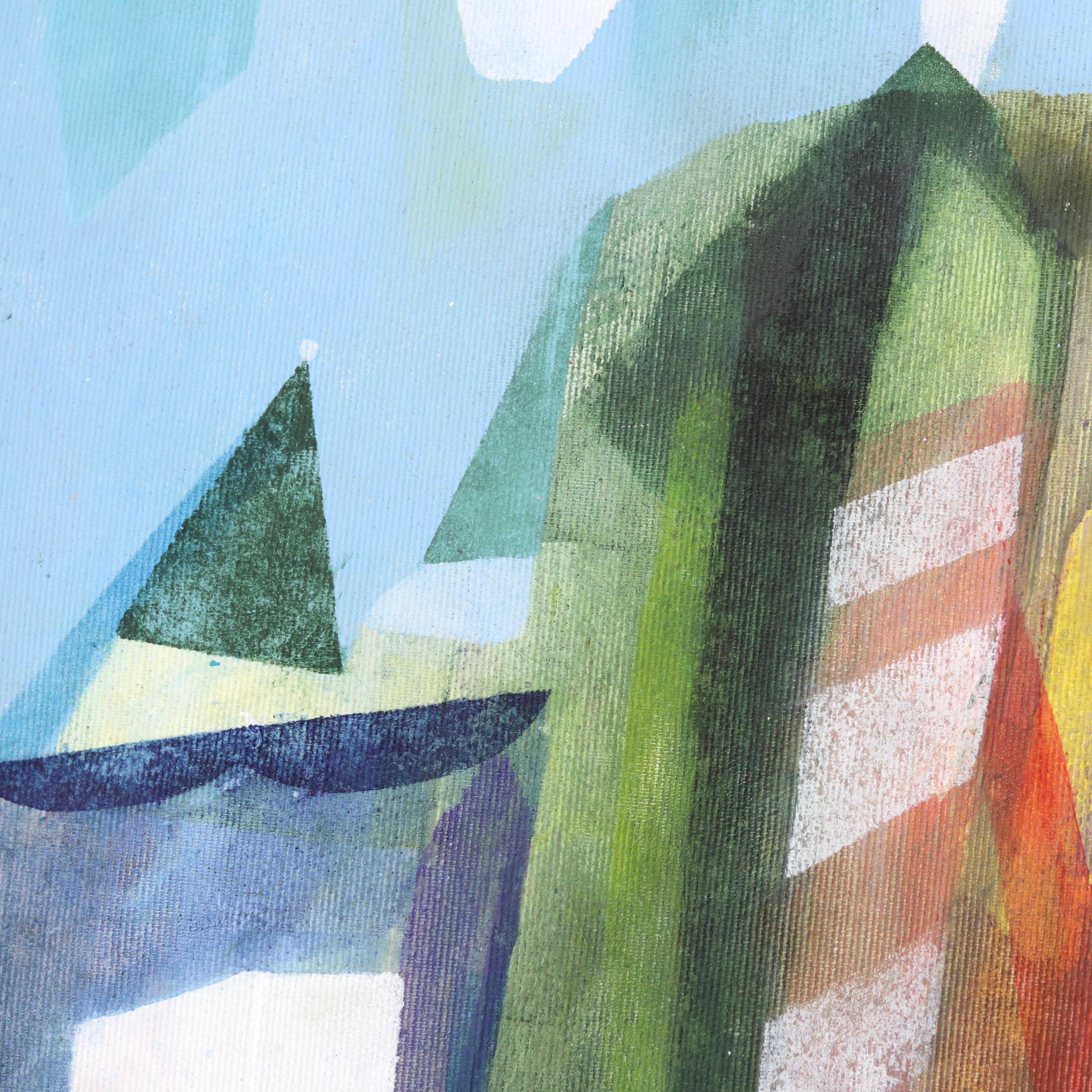 Vista sul Runyon Canyon - Paesaggio geometrico astratto colorato su tela - Landscape Painting Grigio di Maria C. Bernhardsson