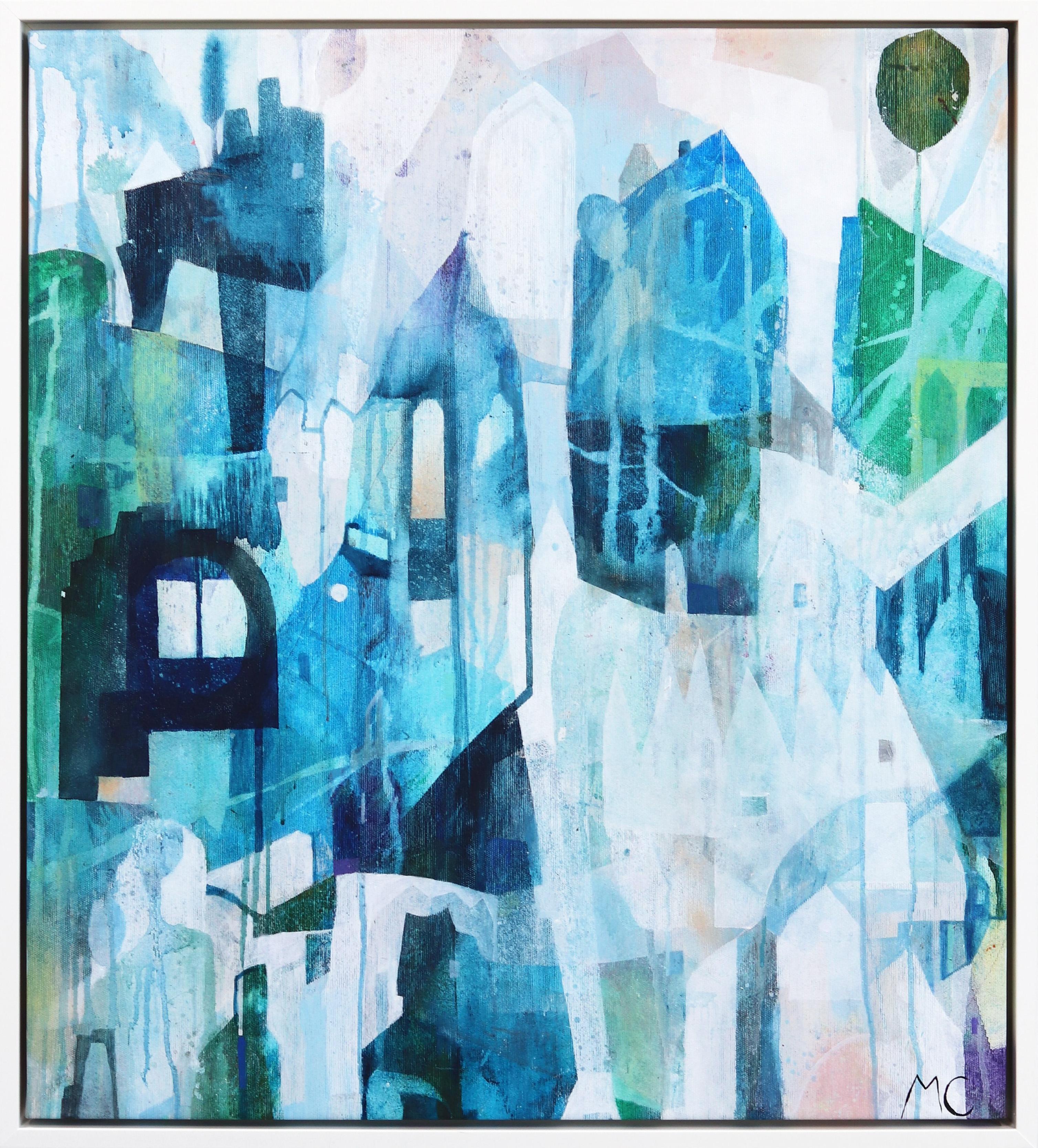Landscape Painting di Maria C. Bernhardsson - La Corona  - Opera d'arte originale astratta Blue City su tela con cornice