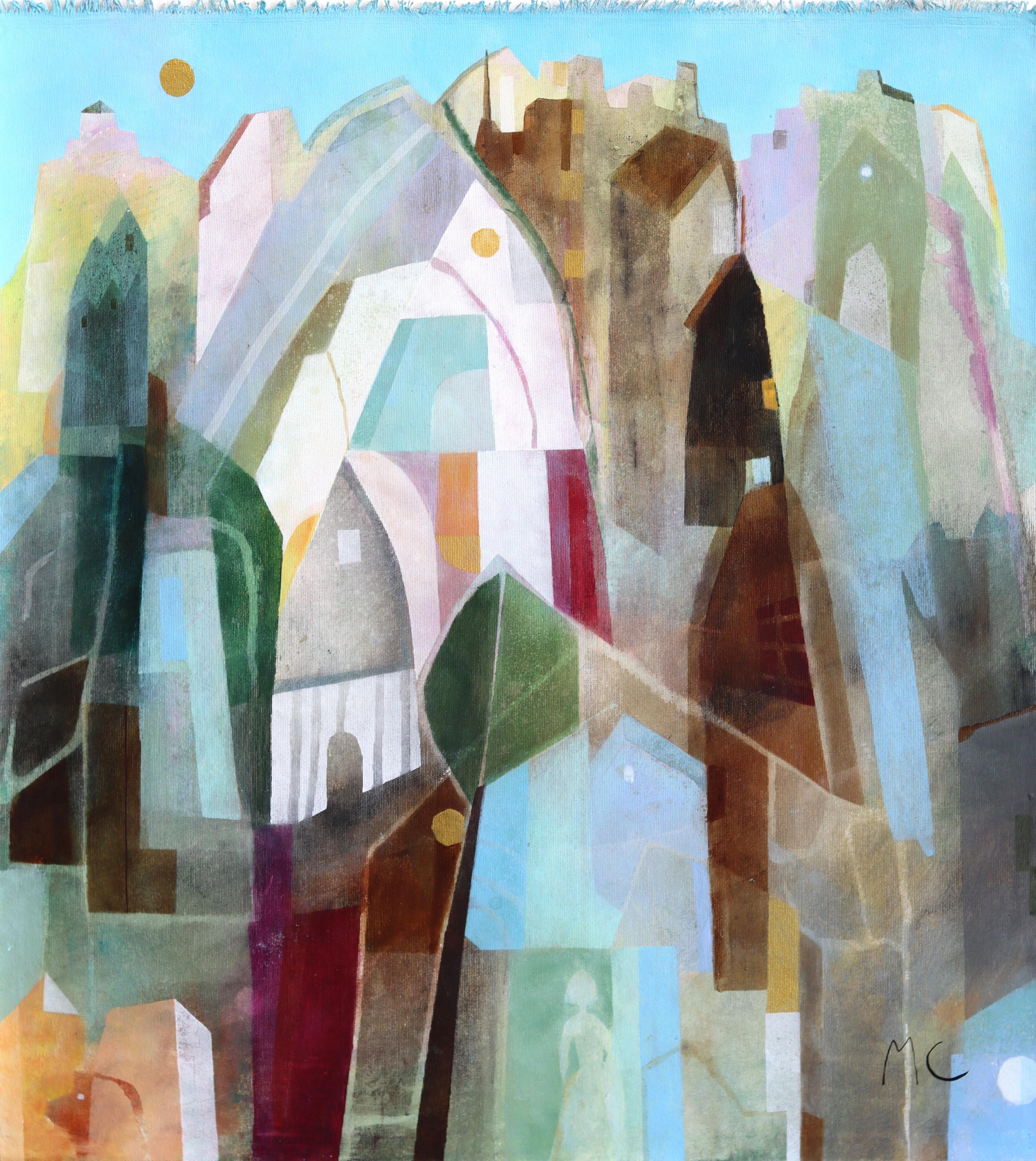 The Girl in Central Park - Abstract New York Architectural Painting on Canvas