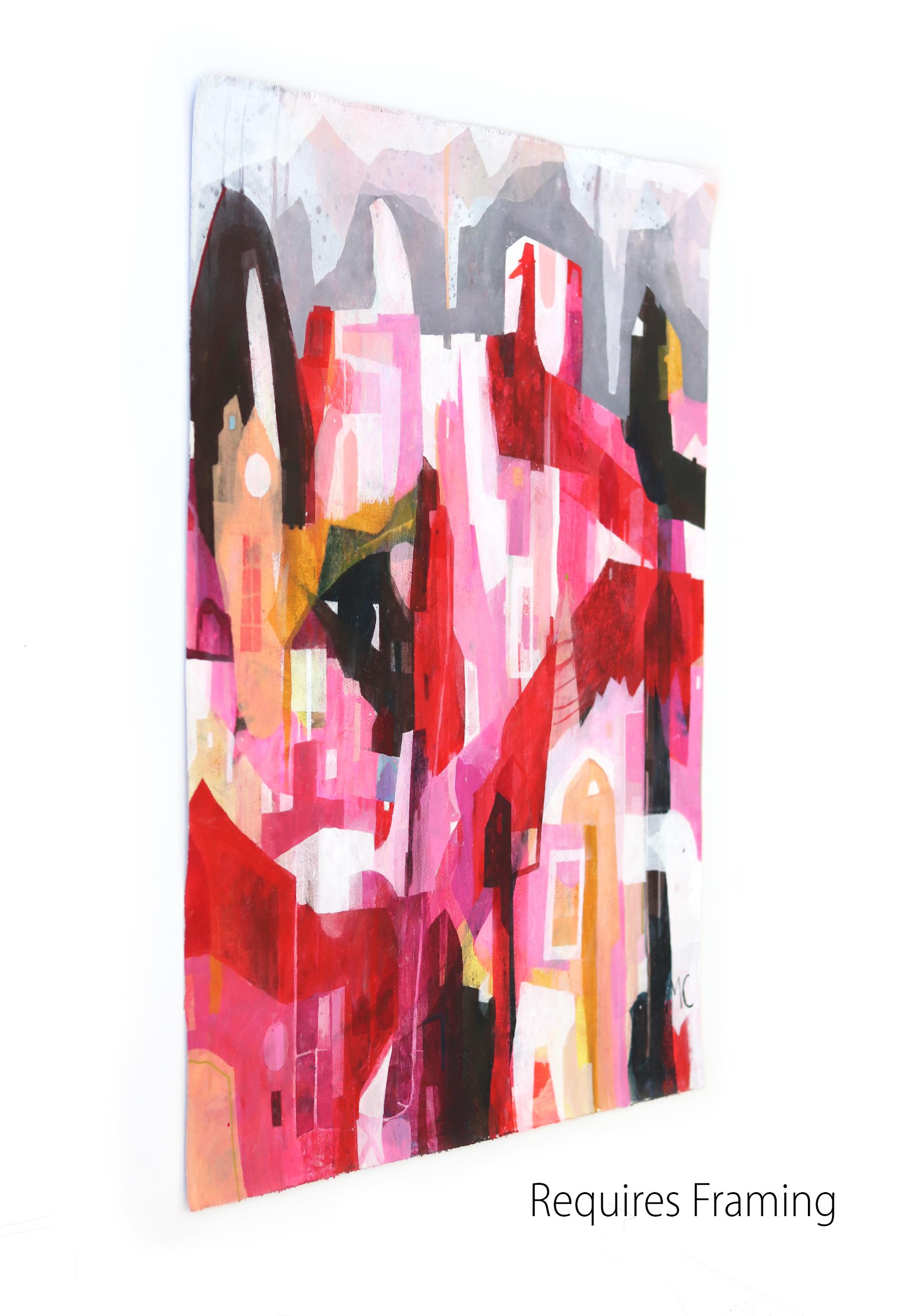 A. Valentin - Opera originale astratta su tela rossa, rosa, magenta, bianca e nera - Painting di Maria C. Bernhardsson