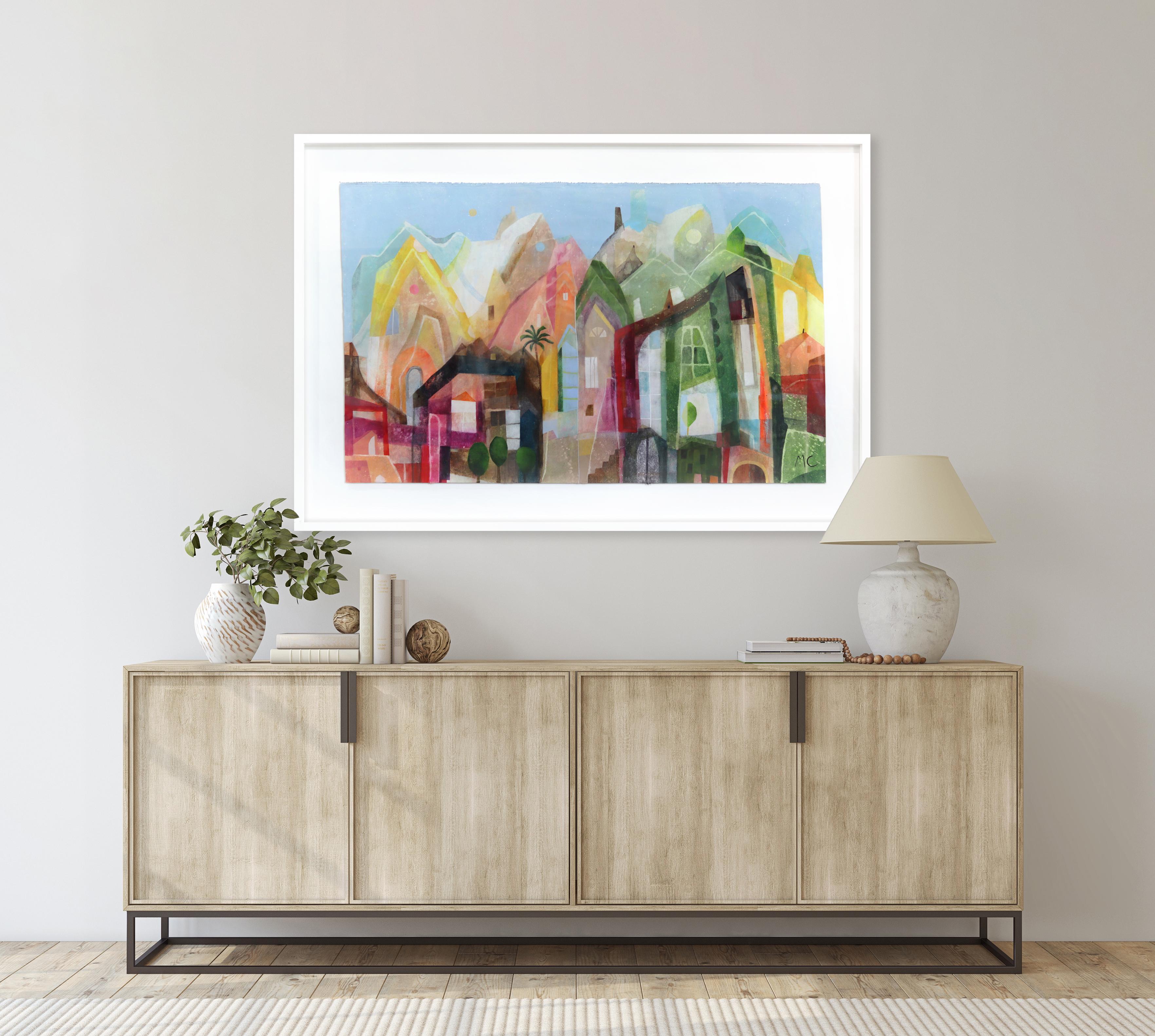 Venice Beach in the Morning - Große farbenfrohe Stadtlandschaft auf Leinwand gerahmt – Painting von Maria C. Bernhardsson