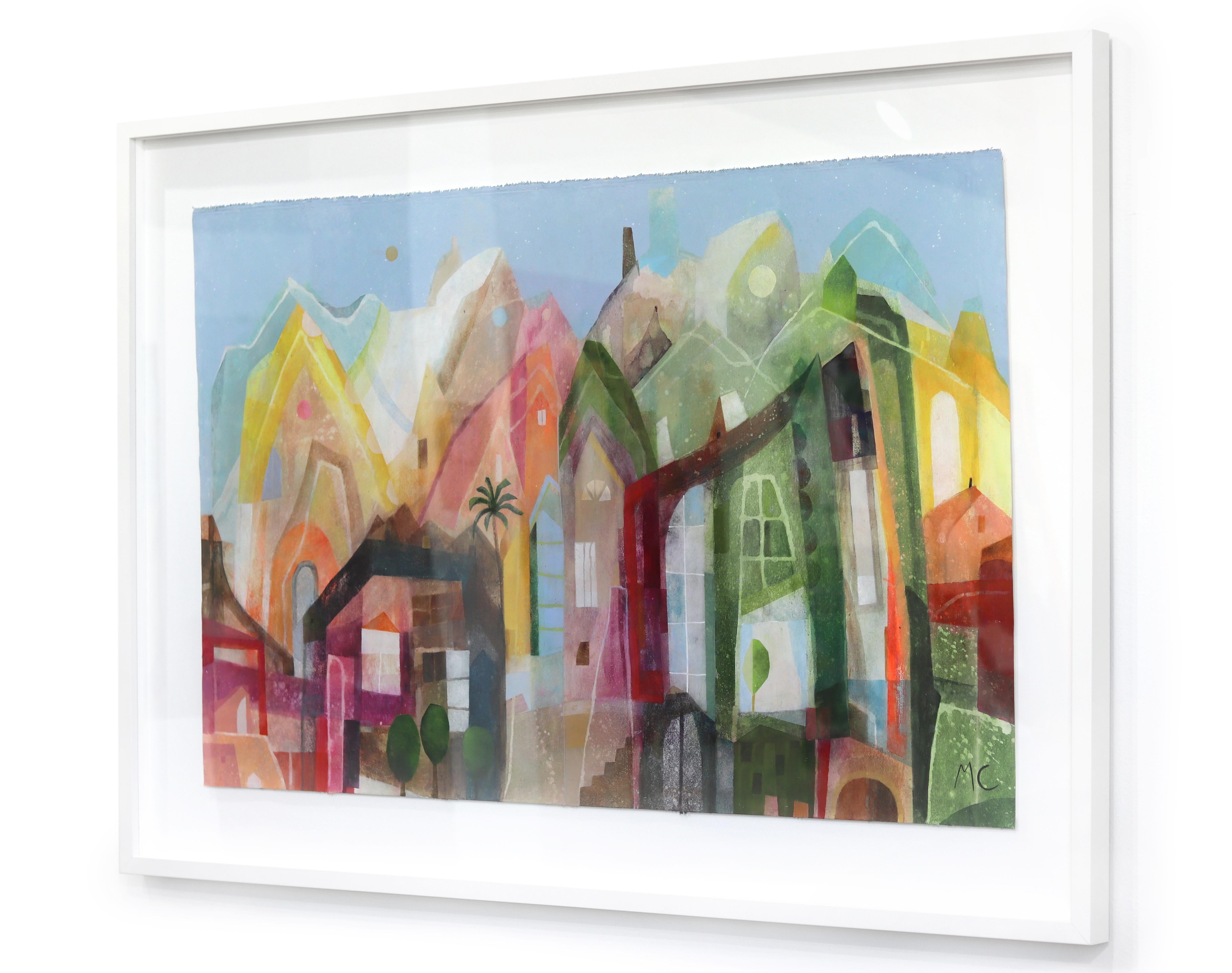 Venice Beach in the Morning - Große farbenfrohe Stadtlandschaft auf Leinwand gerahmt (Grau), Abstract Painting, von Maria C. Bernhardsson